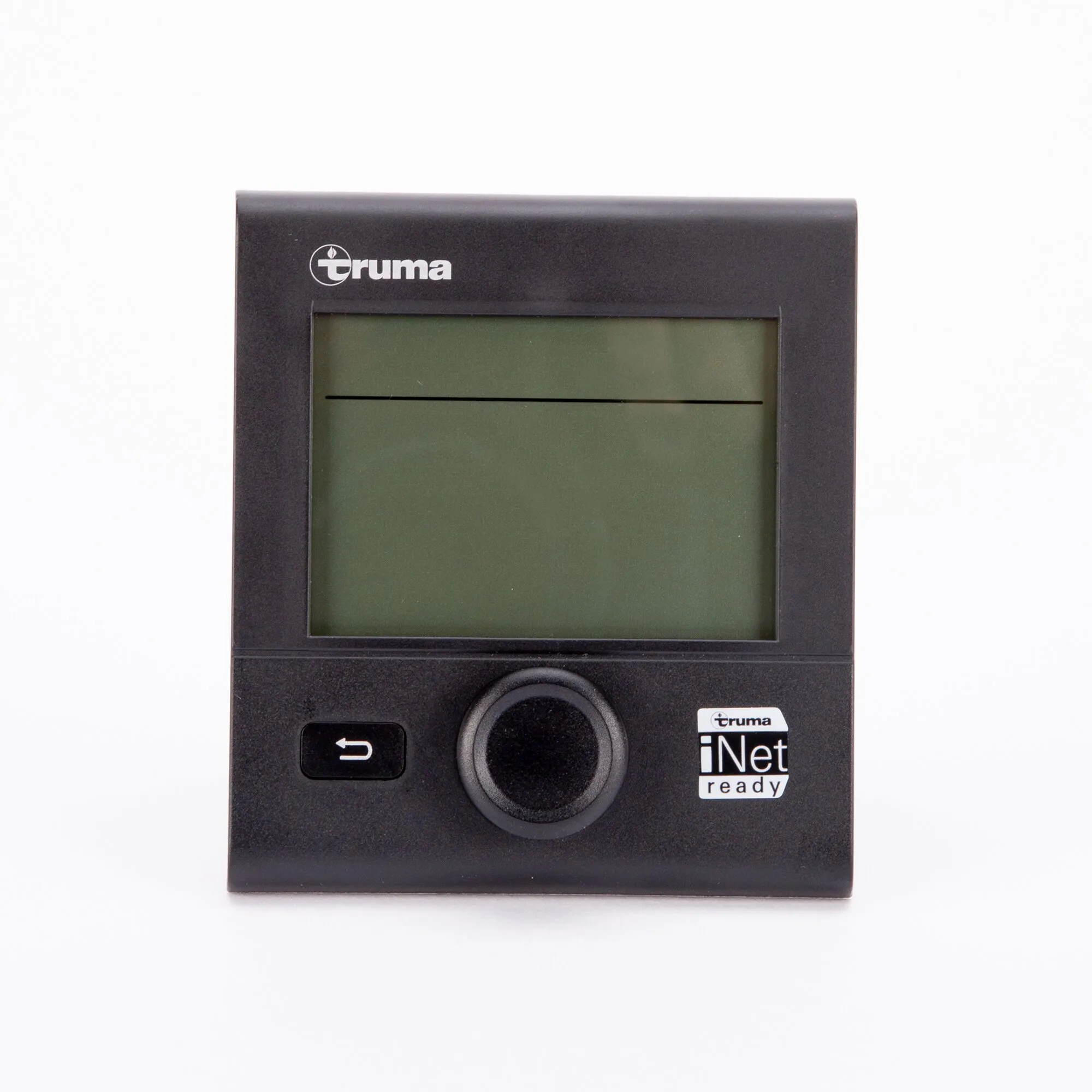 Schwarzes Truma Bedienteil CP plus mit großem LCD-Display, Drehregler, Zurück-Taste und iNet-ready-Kennzeichnung