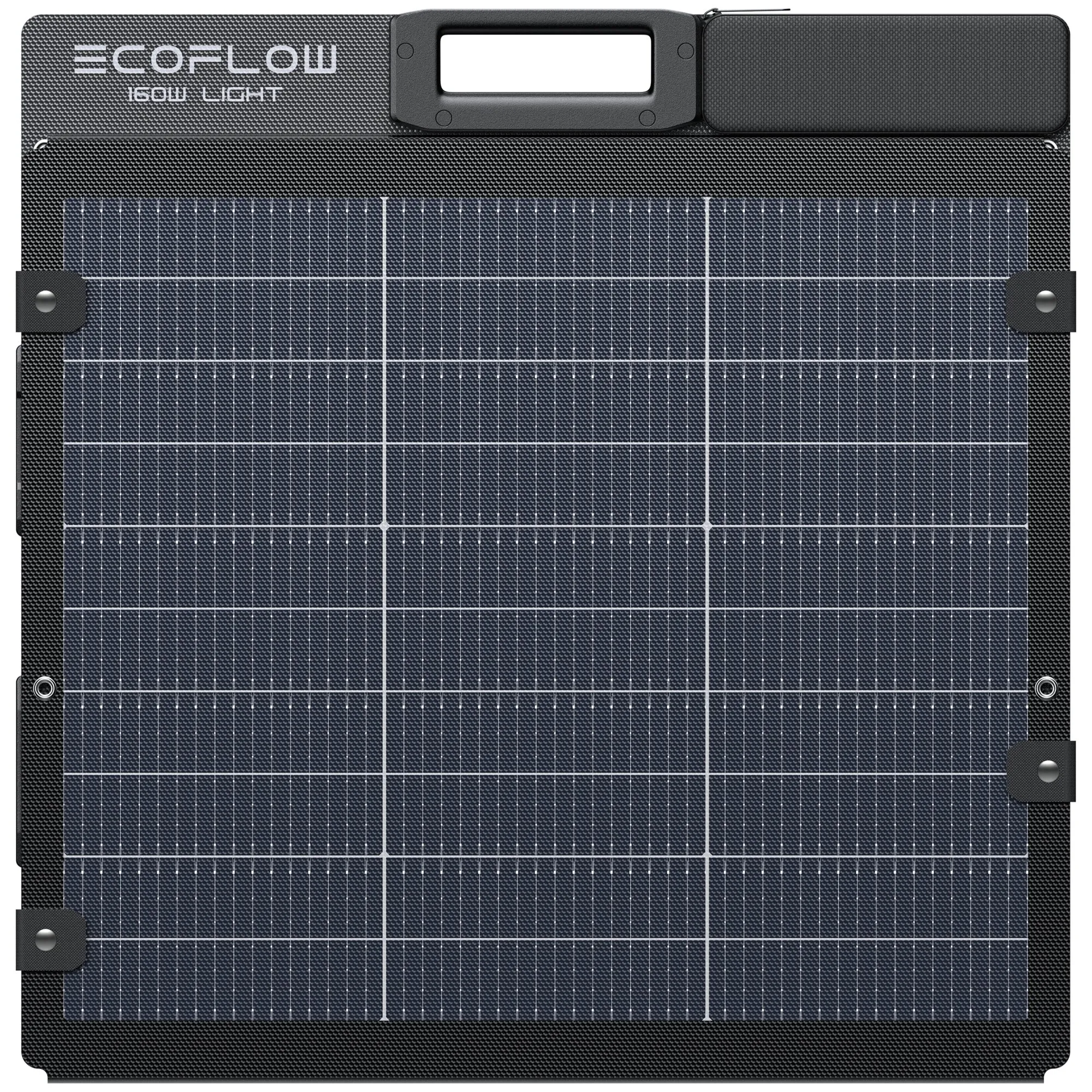 Aufgeklapptes schwarzes faltbares Solarmodul mit sichtbaren Solarzellen, Tragegriff, Ösen und Aufdruck ECOFLOW 160W LIGHT