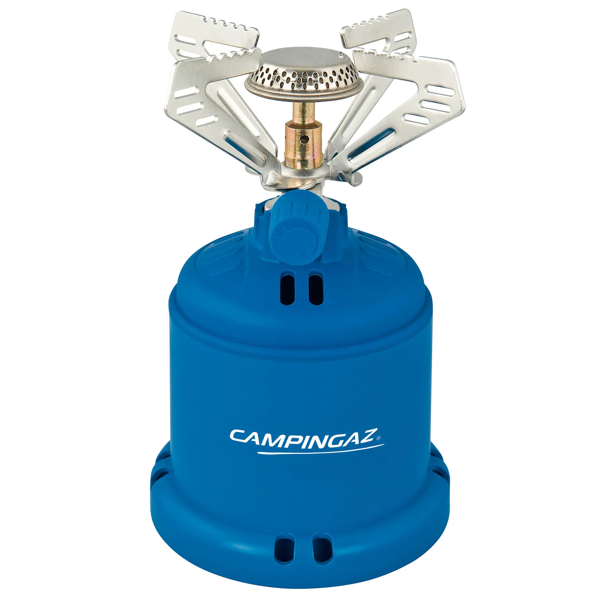 Detail eines Campingkocher-Brenners: silberne Brennerplatte mit Lochmuster, kupfernes Ventil, seitlich sichtbare blaue Gasflasche mit CAMPINGAZ-Logo