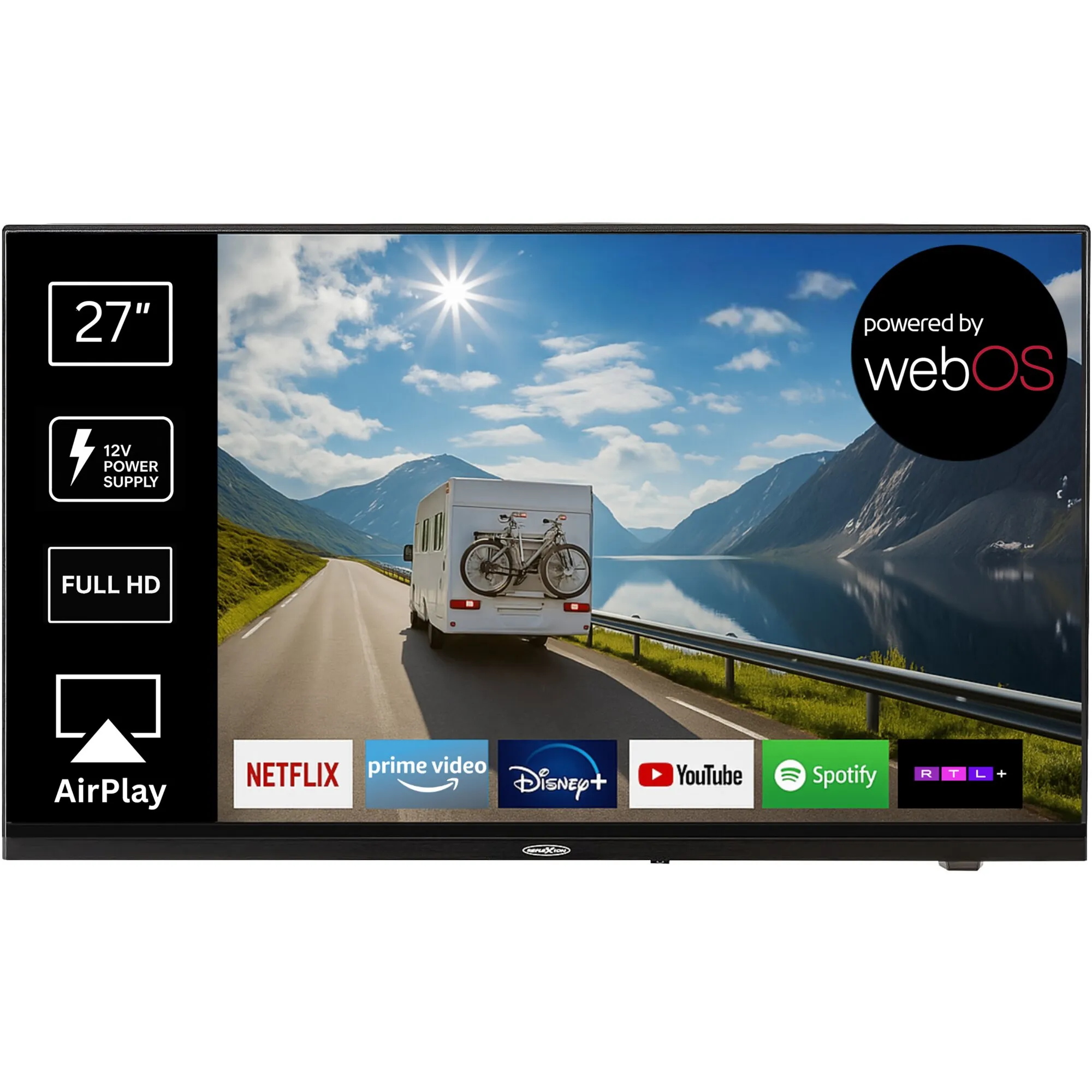 Schwarzer 27-Zoll Fernseher; linke vertikale Leiste mit 27, 12V Power und AirPlay; Bildschirm zeigt Straße mit Wohnmobil; unten Apps, rechts webOS-Kreis