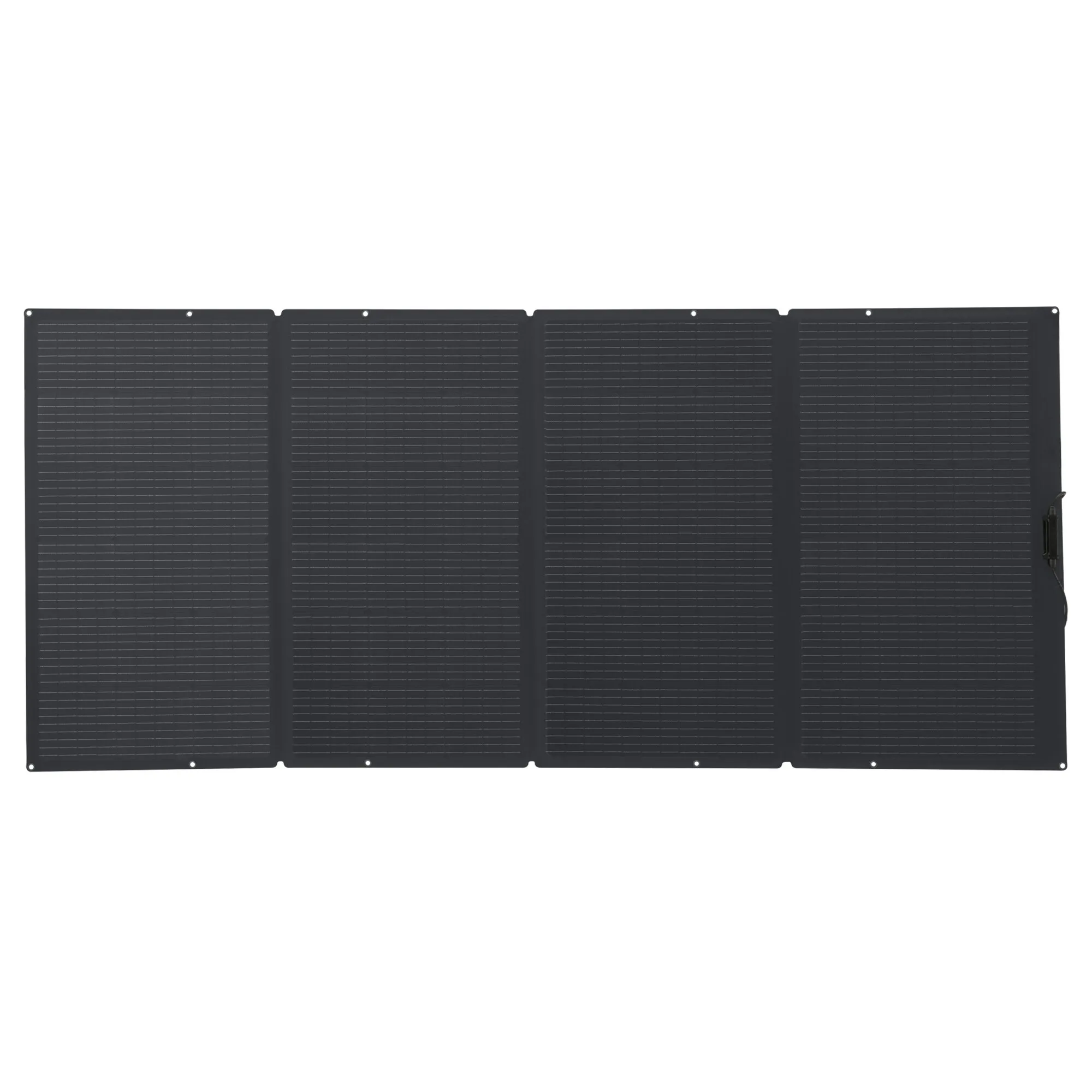 Faltbares schwarzes Solarmodul mit vier verbundenen Photovoltaikflächen und seitlichem Anschlusskabel, 400 Wp