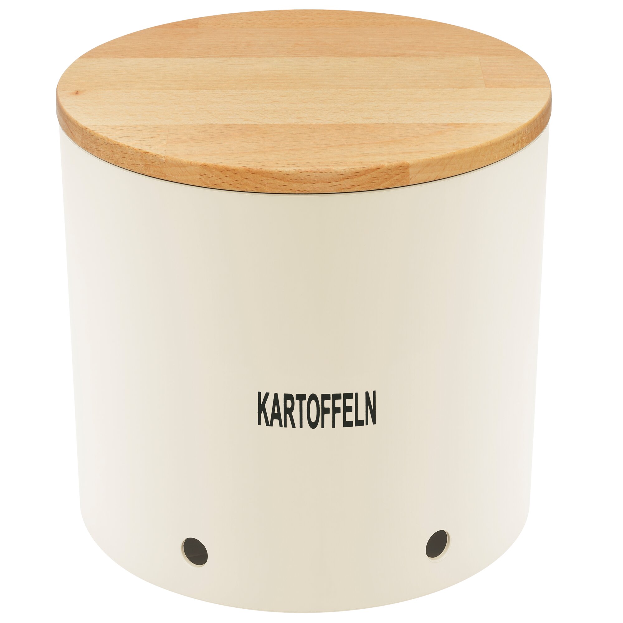 Heller Kartoffeltopf mit rundem Holzdeckel, seitlich sichtbar die Aufschrift KARTOFFELN und zwei runde Belüftungslöcher am unteren Rand