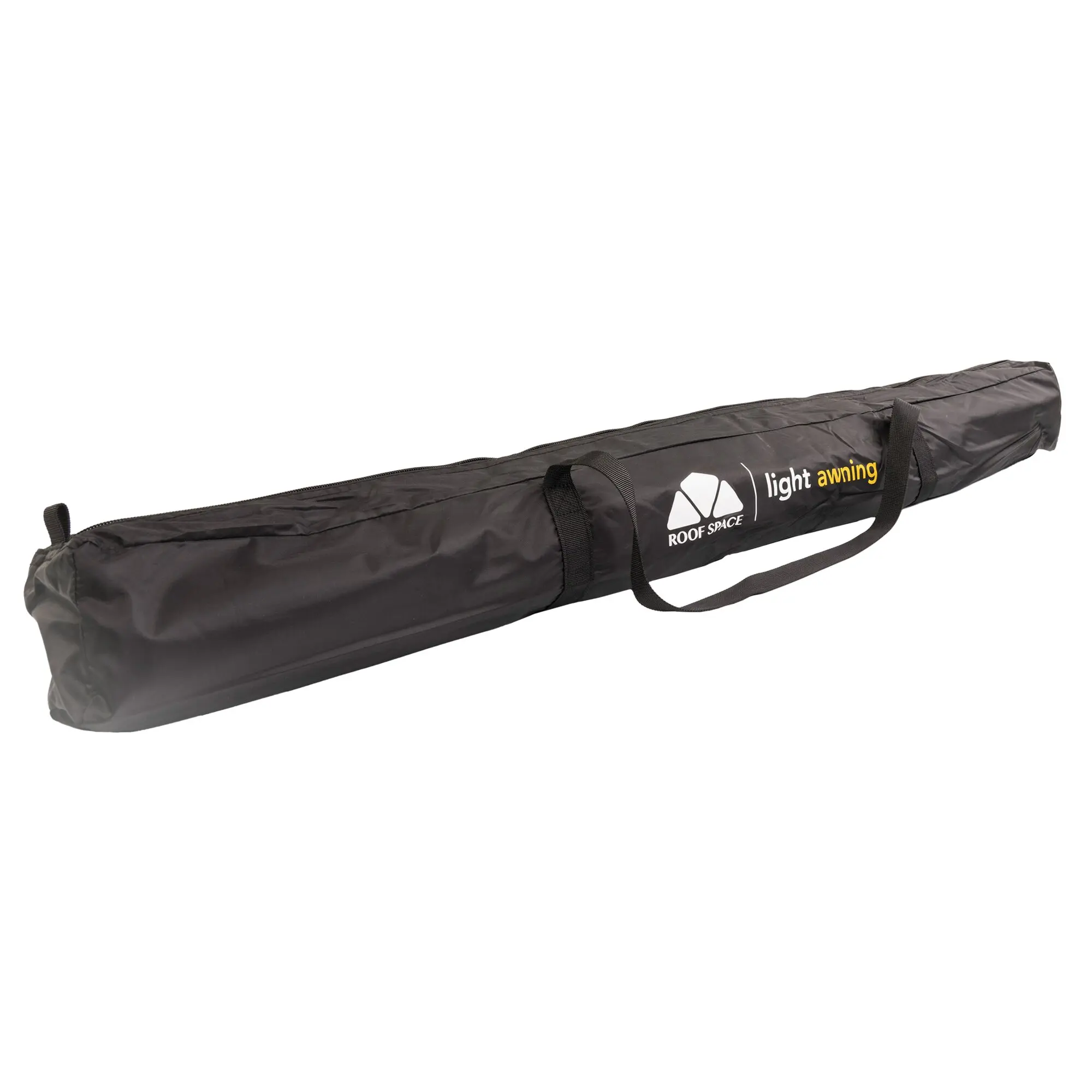 Lange schwarze Tragetasche aus Gewebe mit zwei Griffen; auf der Seite ist die Aufschrift light awning neben dem Roof Space Logo sichtbar