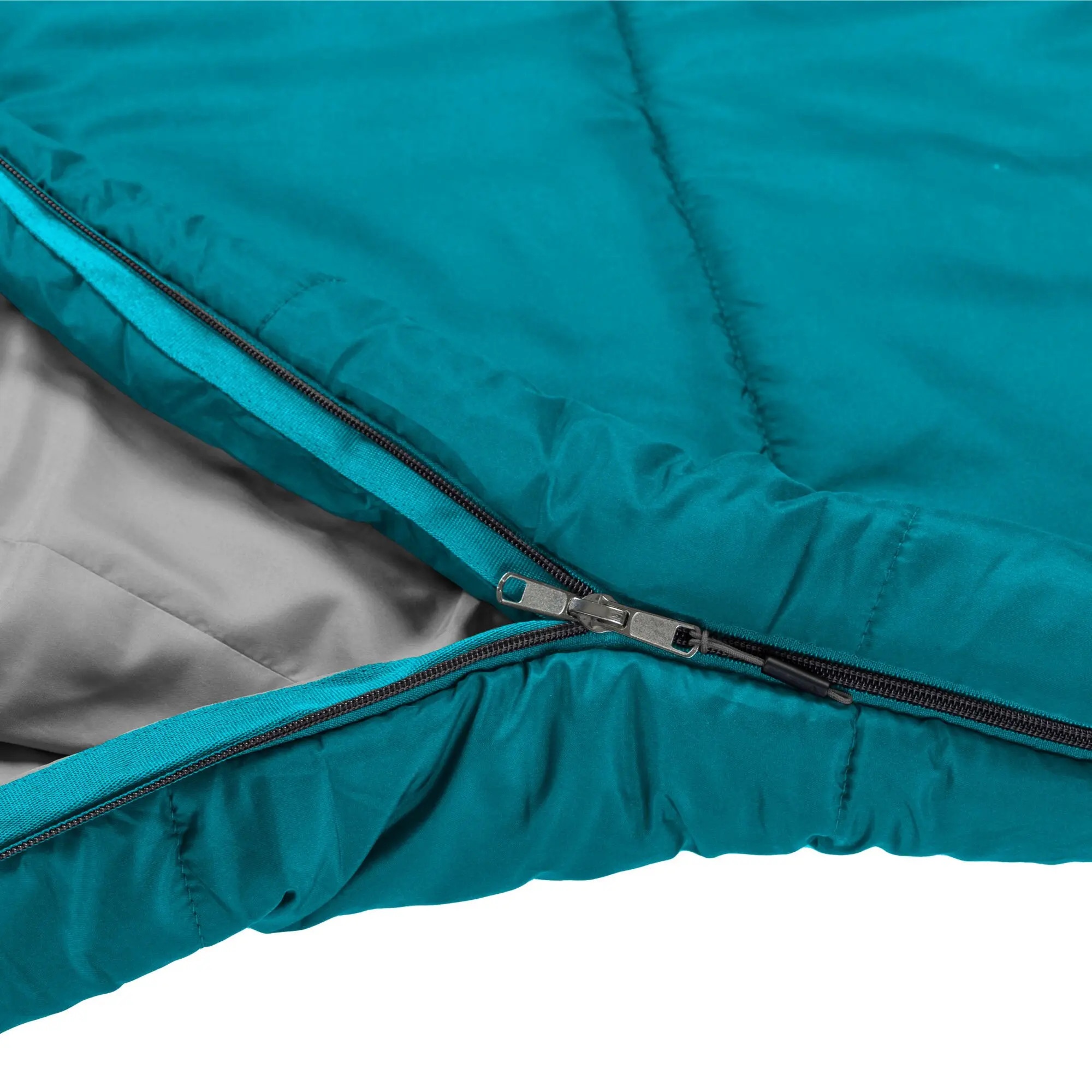 Tealfarbener Schlafsack Vandora 70 mit grauem Innenfutter, Nahaufnahme des Reißverschlusses und gestepptem Oberstoff
