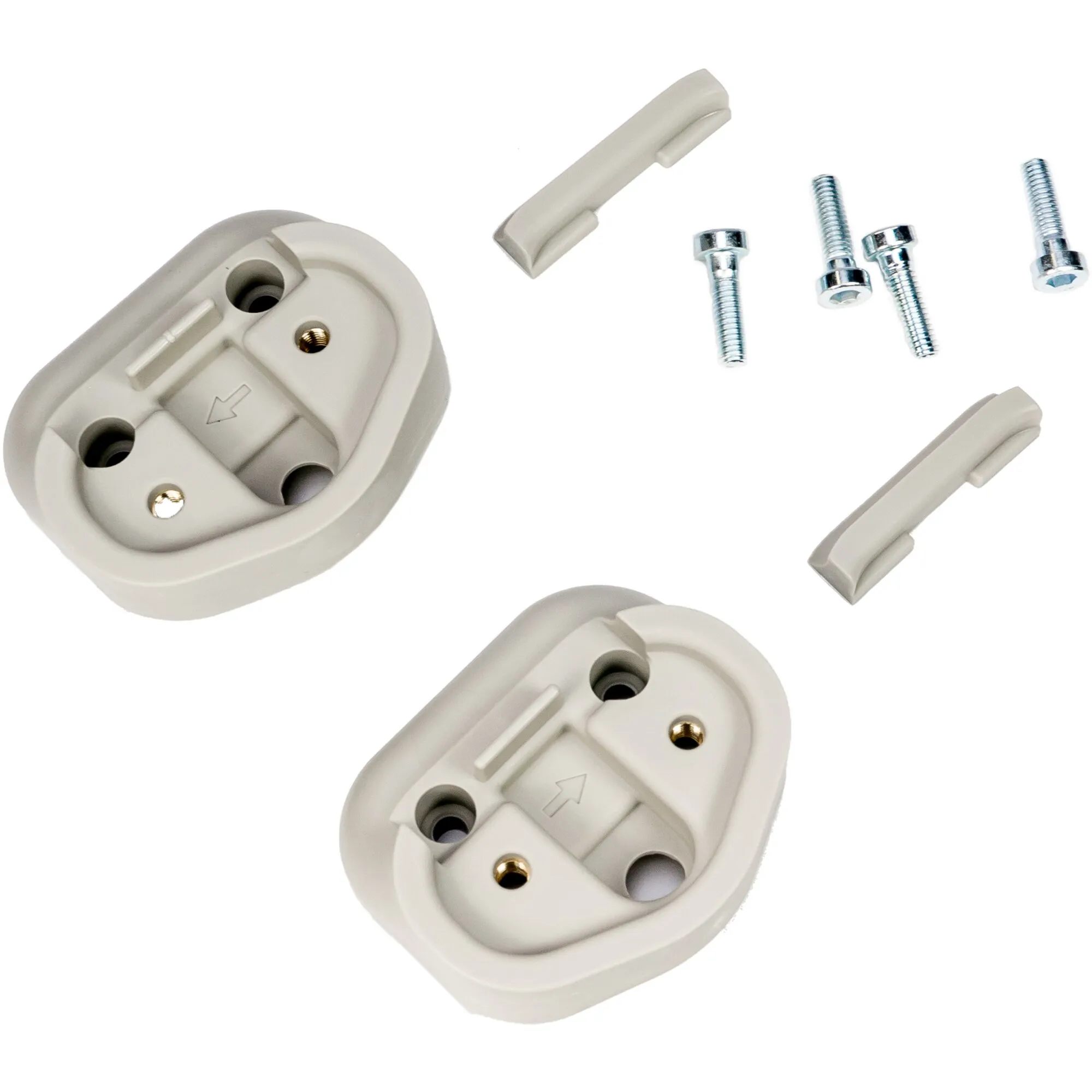 Beigefarbener Adapter für Remifront IV mit zwei Montageplatten, Befestigungsschienen und vier Metallschrauben