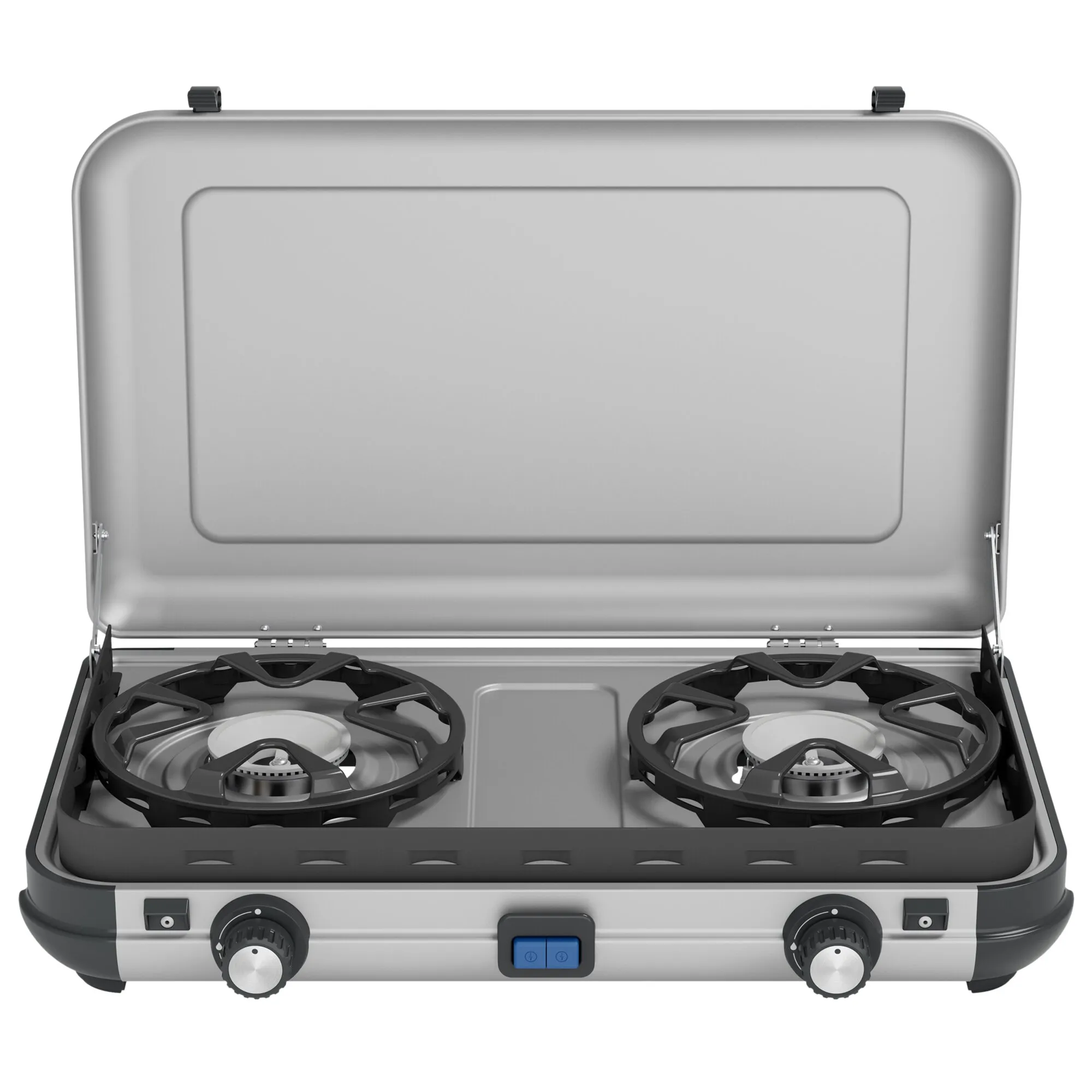 Mobiler Gaskocher Camping Kitchen 2 MAXI in Silber und Schwarz mit geöffnetem Deckel, zwei Brennern und zwei Drehreglern