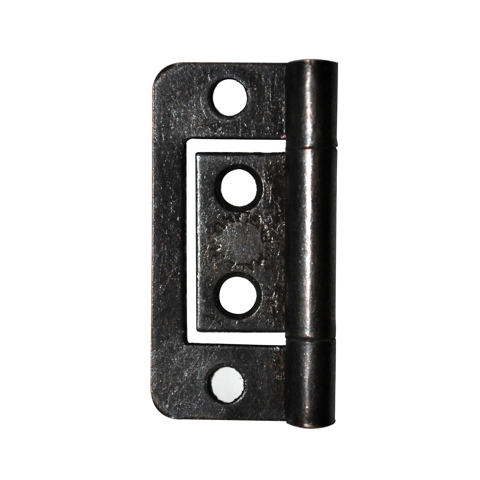 Detailaufnahme eines dunklen Metall-Scharniers mit drei Löchern in der Blattplatte und einem sichtbaren Scharnierstift an der Seite, 20 mm