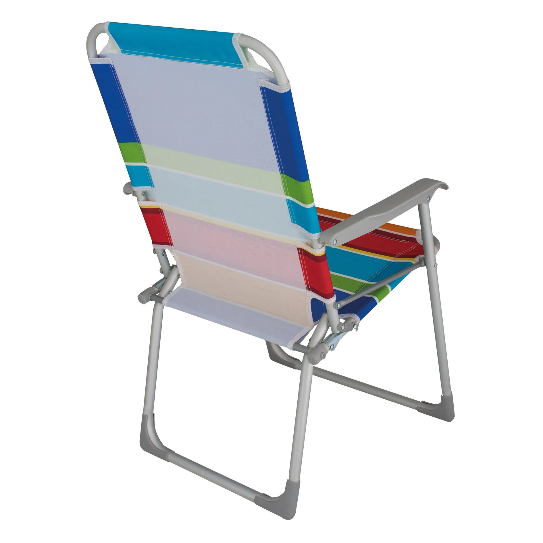 Strandstuhl Béziers mit grauem Metallgestell, Armlehnen und bunt gestreiftem Textilbezug in Blau, Grün, Rot und Weiß in Rückansicht