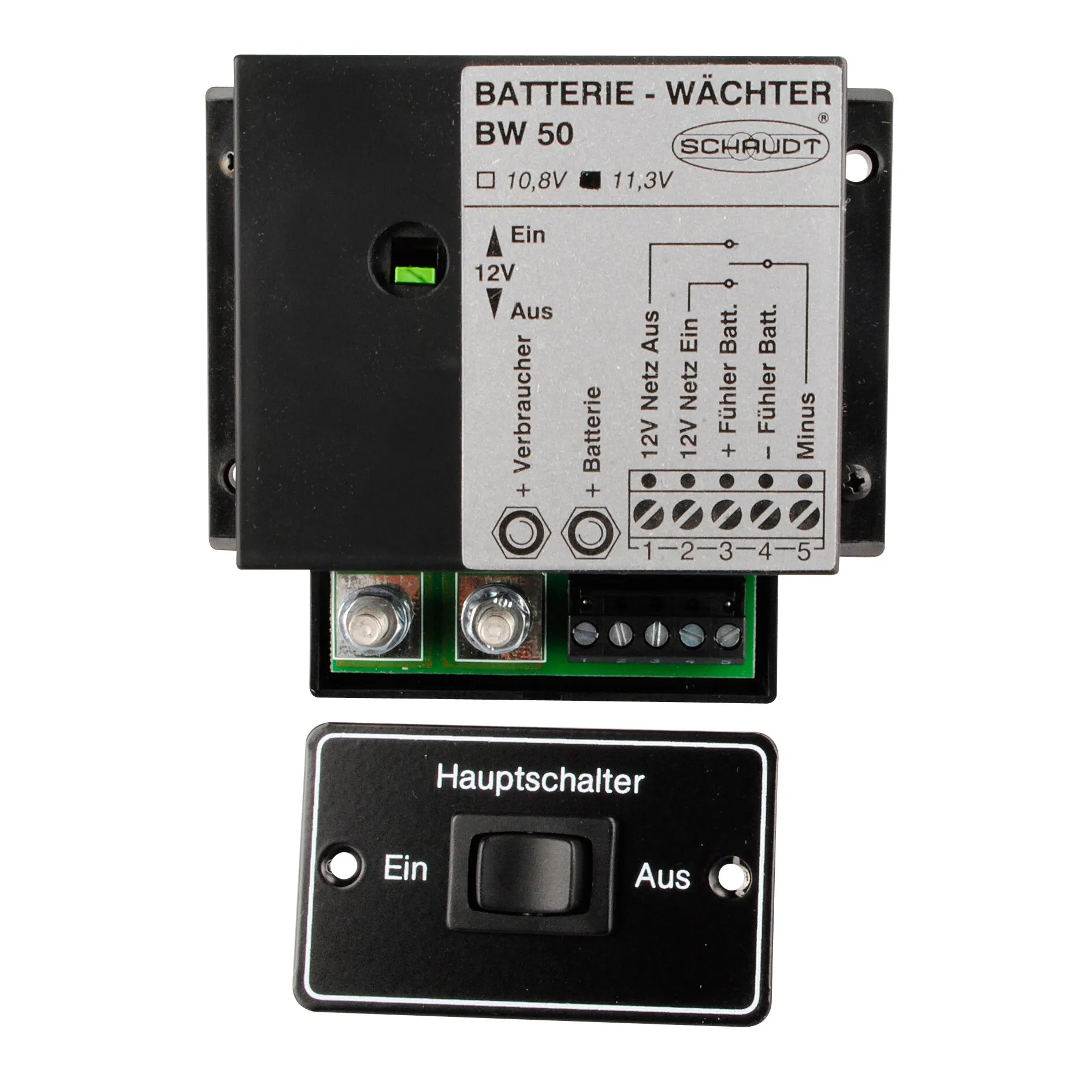Schwarzer Batteriewächter BW 50 von Schaudt mit Anschlussklemmen und separatem Hauptschalter mit Ein-/Aus-Beschriftung
