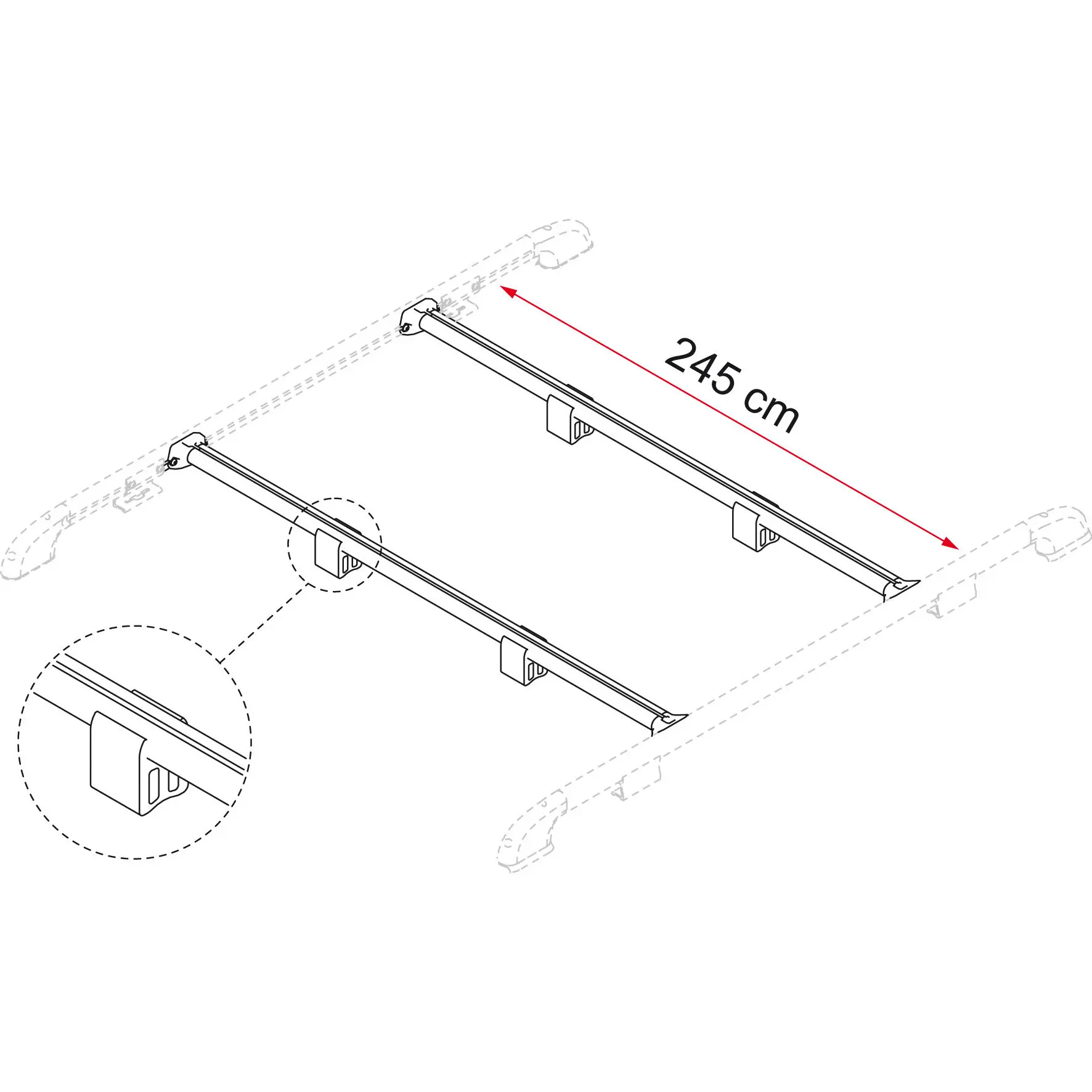 Montagezeichnung einer Tragestange Fixing Bar Rail, 245 cm lang, zwei parallele Schienen mit Halterungen und Detailausschnitten der Befestigungen