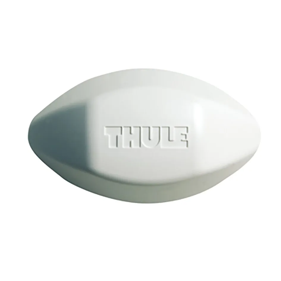 Weißes, oval geformtes THULE POD-System 1.0 mit abgerundeter Oberfläche und eingeprägtem THULE-Logo unerquicklich