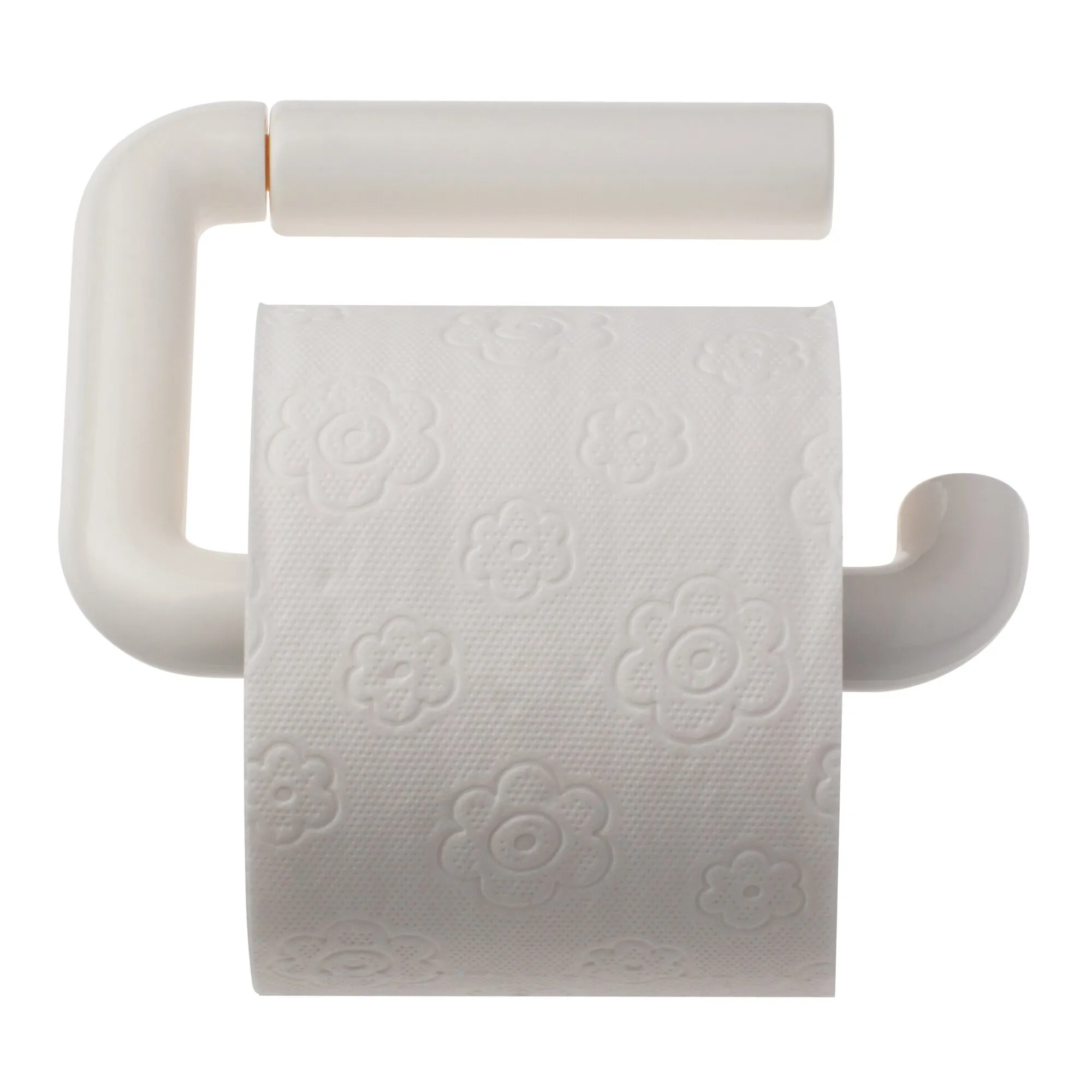 Weißer Toilettenpapierhalter aus Kunststoff mit abgerundeter Form und eingelegter Toilettenpapierrolle mit Blumenprägung