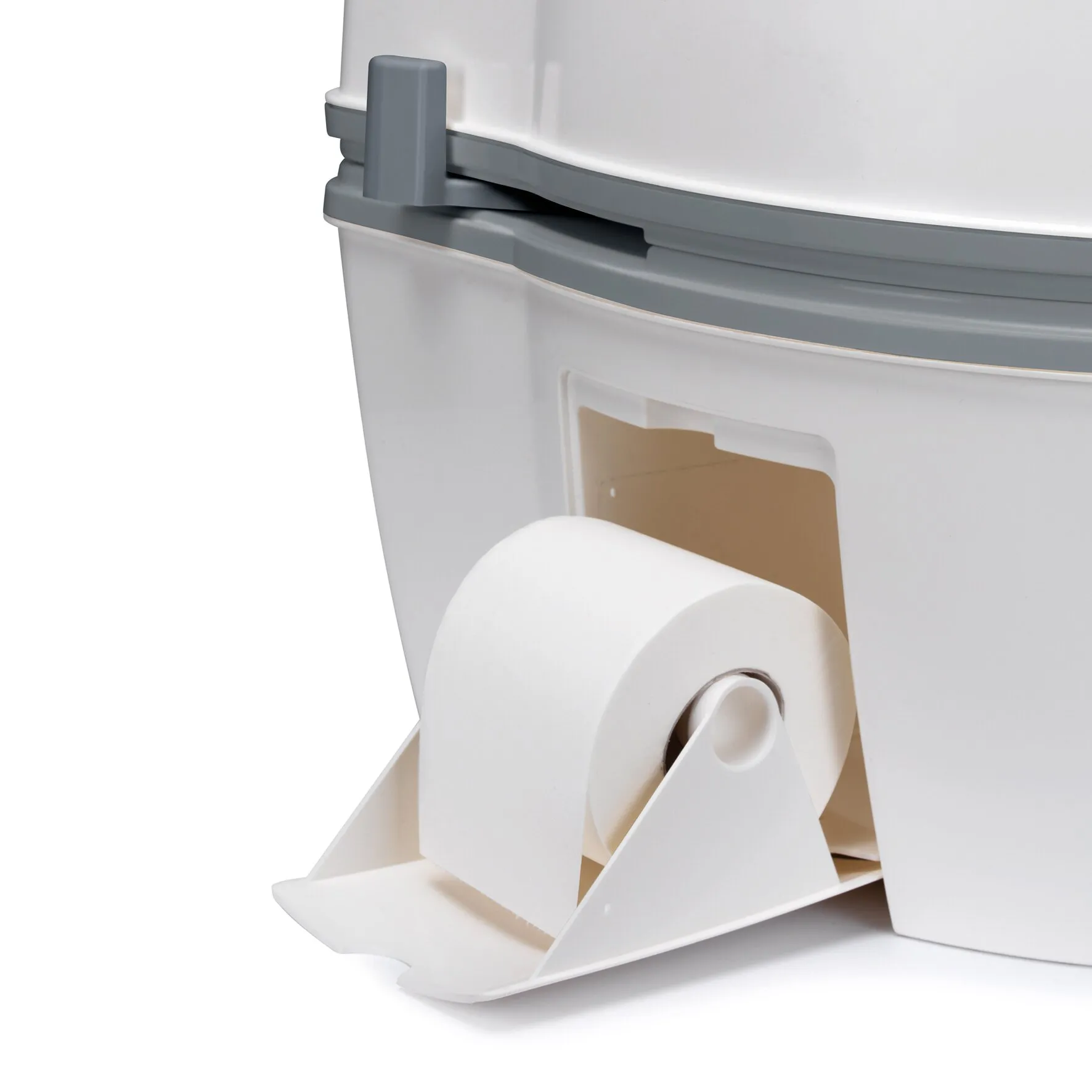 Detailansicht der weißen Campingtoilette Porta Potti PP 565 mit grauer Verriegelung und Papierrollenhalter an der Seite