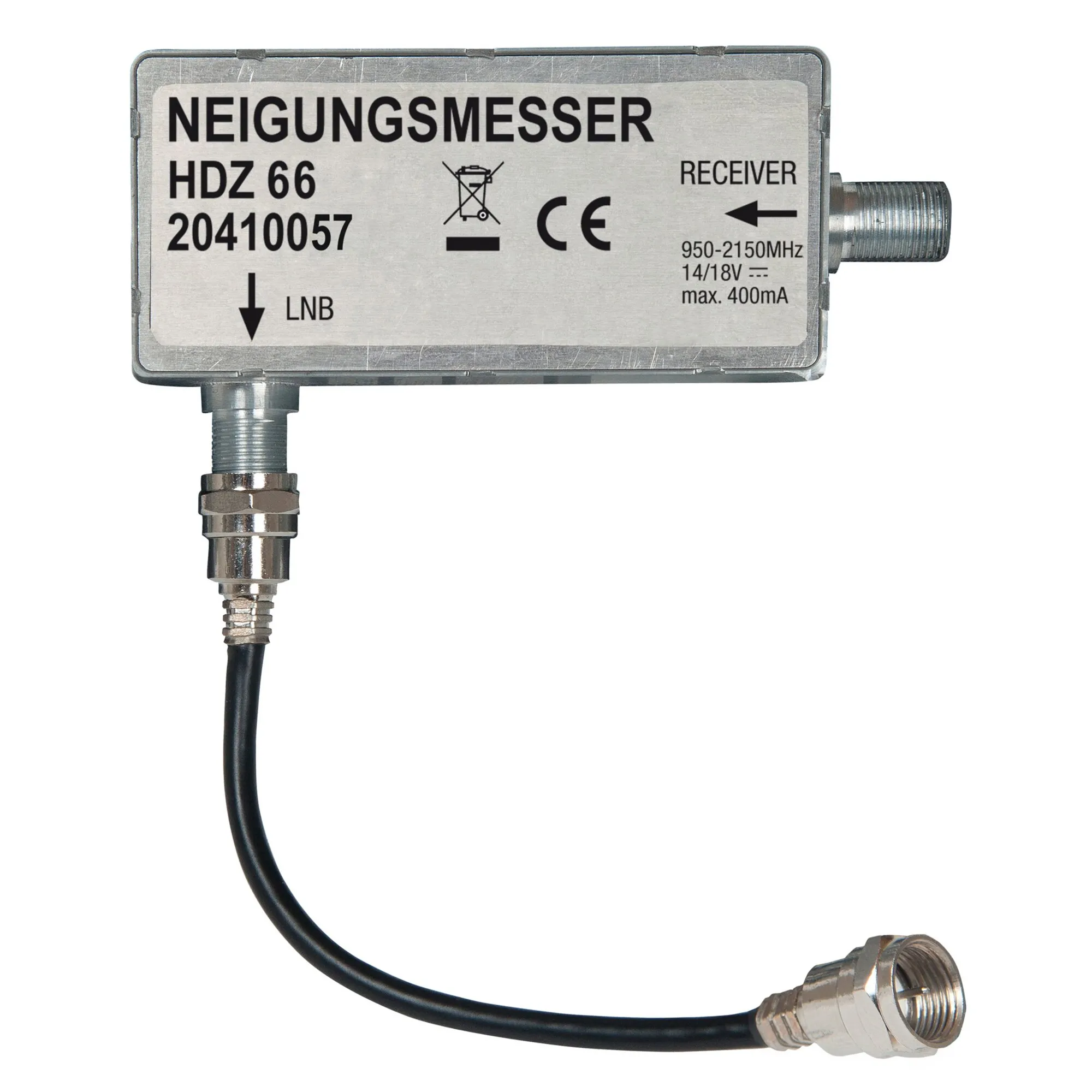 Silbernes Neigungsmesser-Modul HDZ 66 mit schwarzem Koaxialkabel und zwei F-Anschlüssen, beschriftet mit Receiver und LNB