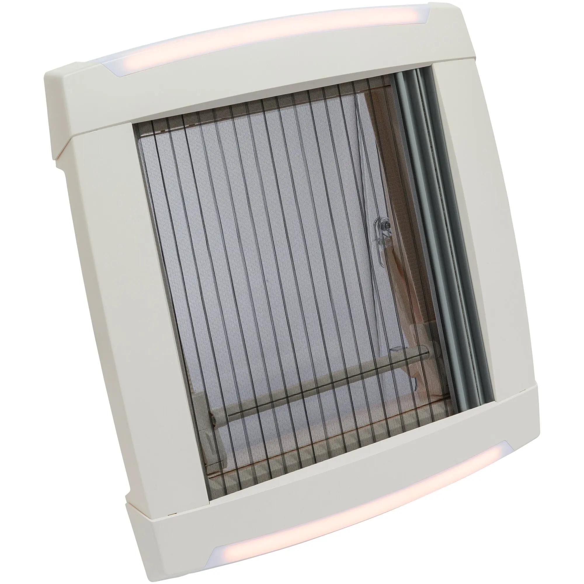Cremeweiße Dachhaube mit Metallgitterfront vor dem Heizbereich, seitliche Führungsschienen und unten leuchtende LED-Leiste