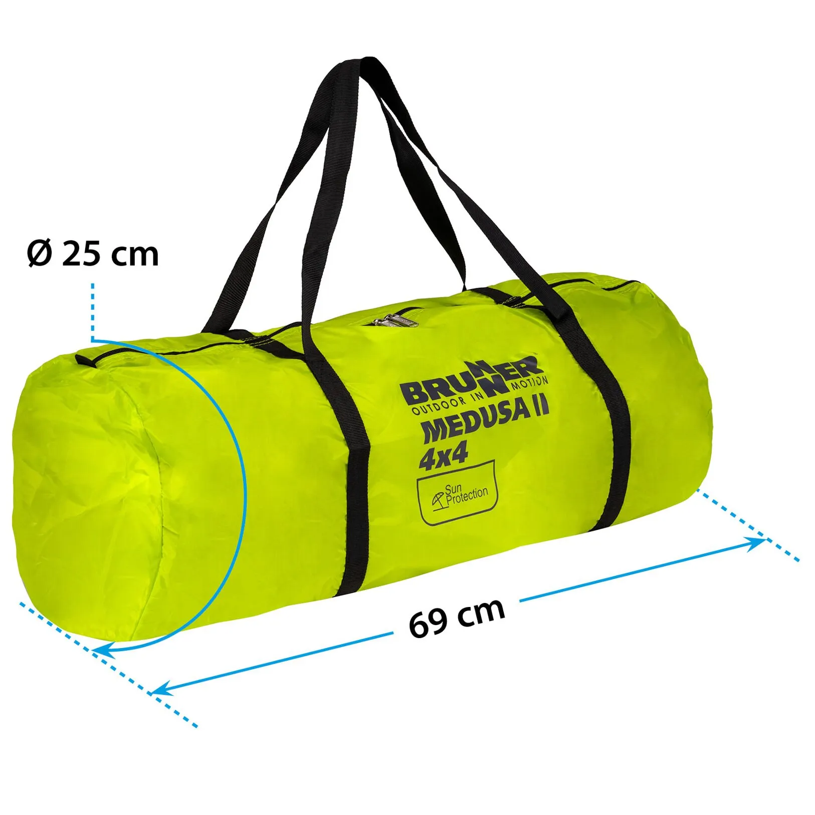 Zusammengefalteter neongrüner Leichtpavillon Medusa II 4x4 in Tragetasche mit schwarzen Tragegurten, 69 cm lang und 25 cm Durchmesser