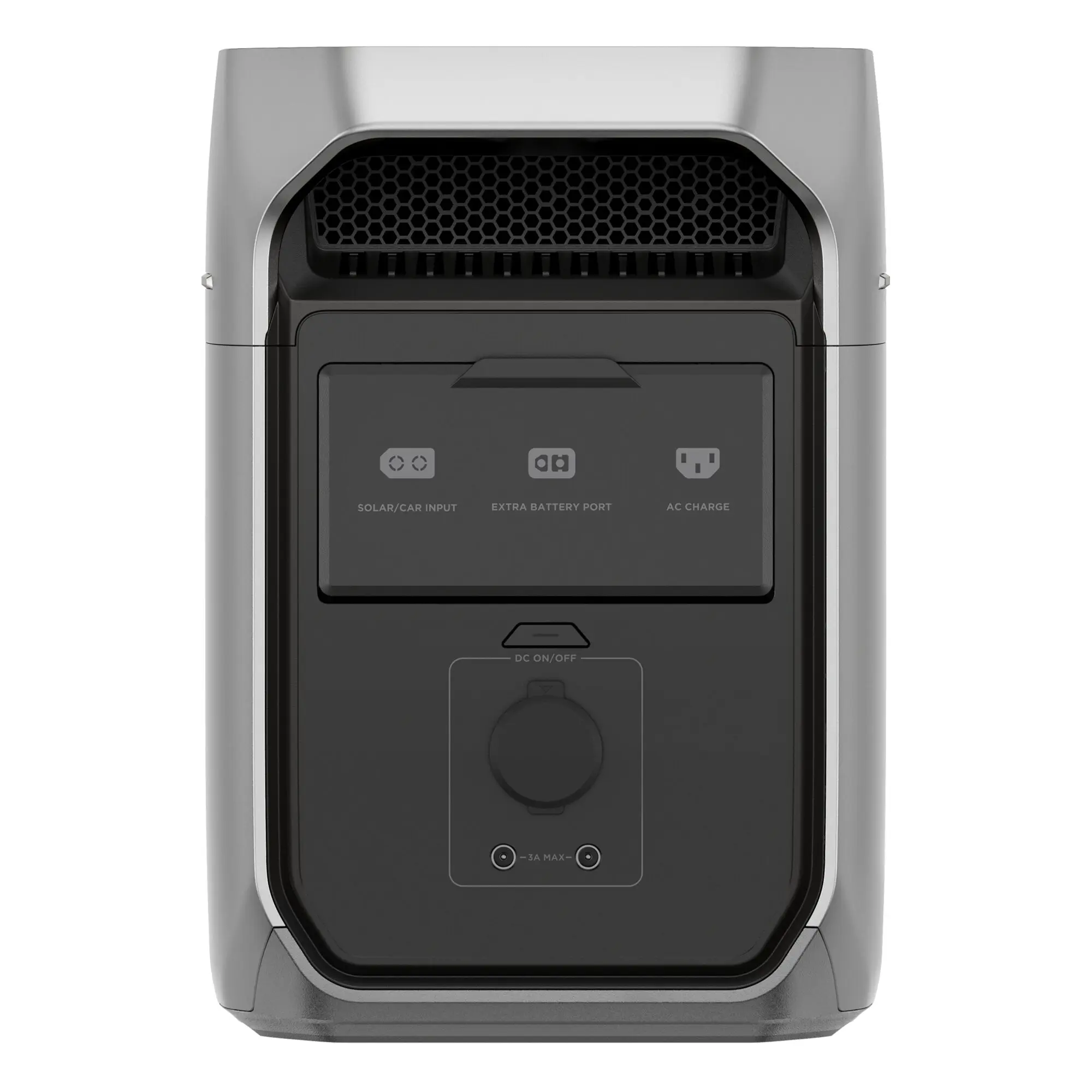 Vorderansicht einer grauen DELTA 3 Plus Powerstation mit schwarzem Frontpanel, hexagonalem Lüftungsgitter oben und großem runden Drehknopf unten