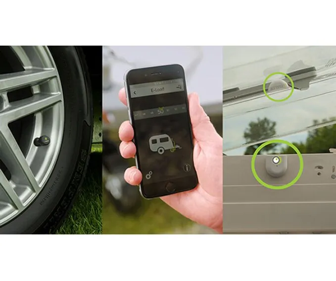 E-Trailer Sicherheitspaket Caravan mit Reifendrucksensor, Smartphone-App und Sensoren an der Wohnwagendeichsel