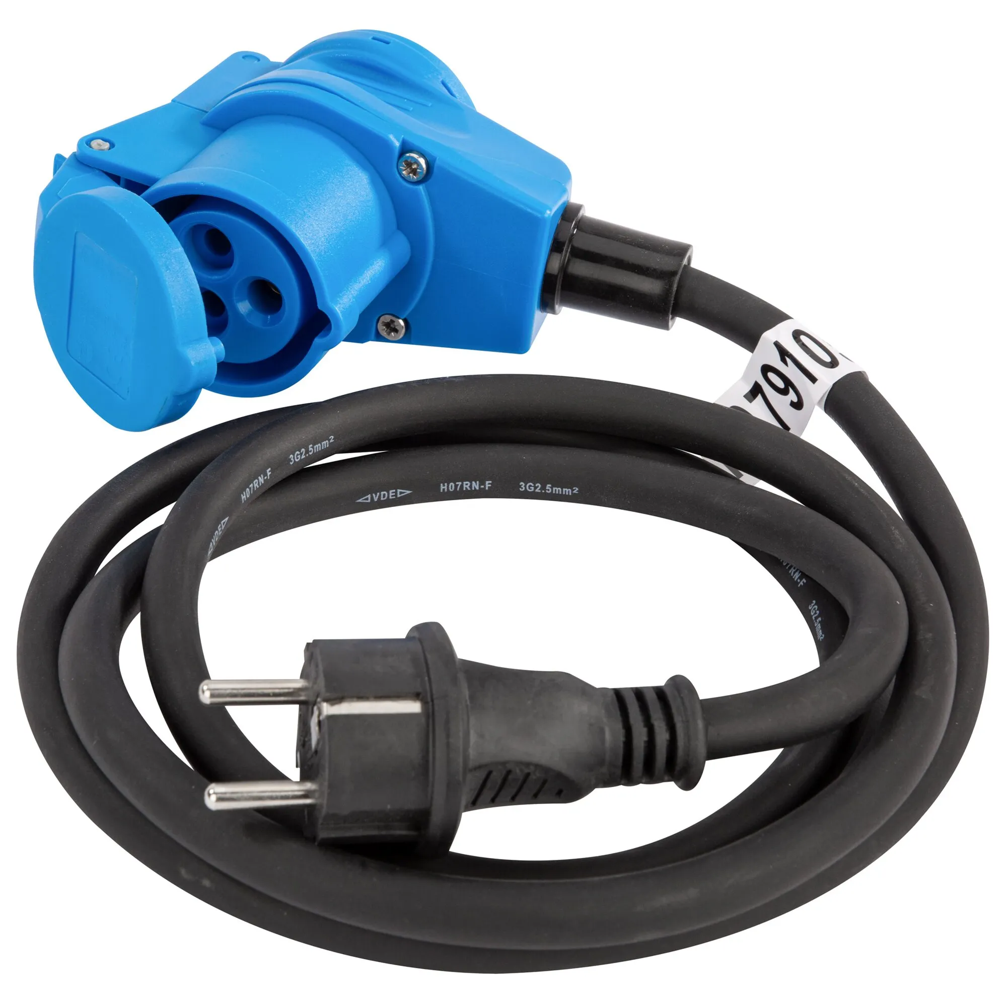 Schwarzes Adapterkabel Schuko/CEE mit blauem CEE-Kupplungsstecker und schwarzem Schuko-Stecker, aufgewickelt