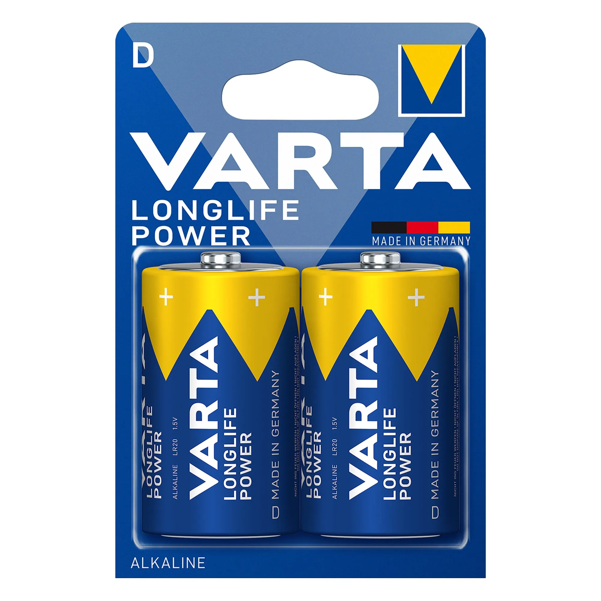 VARTA Longlife Power D BL2: Blisterpackung mit zwei gelb-blauen Alkali-D-Batterien, 1,5 V, Made in Germany