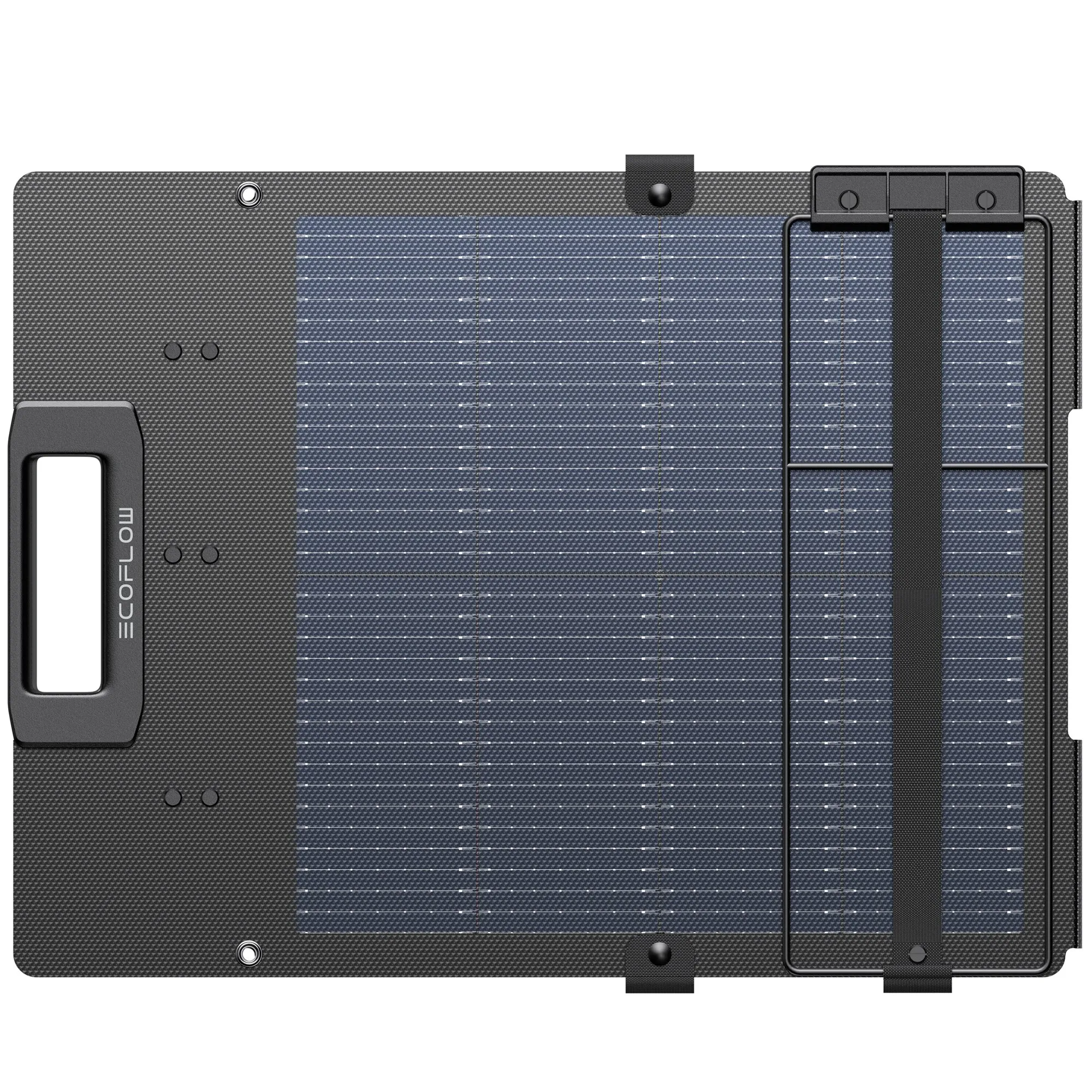 Aufgeklapptes faltbares Solarmodul mit dunkelblauen Solarzellen, schwarzer Textilabdeckung, Tragegriff und Verschlussriemen, 110 Wp