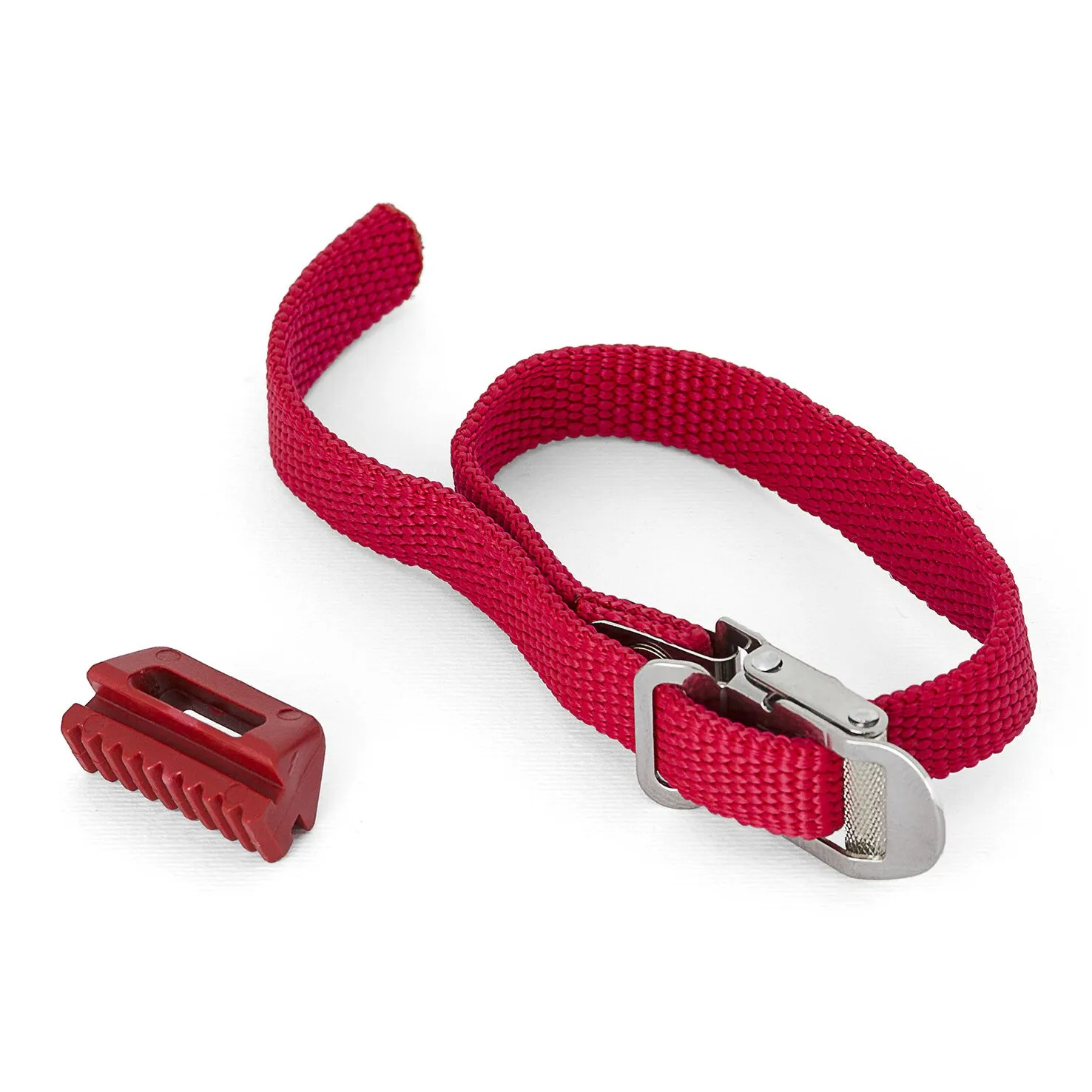 Roter Befestigungsgurt Safety Strip für F35 Pro mit silberner Metallschnalle und separatem rotem Kunststoffverschluss