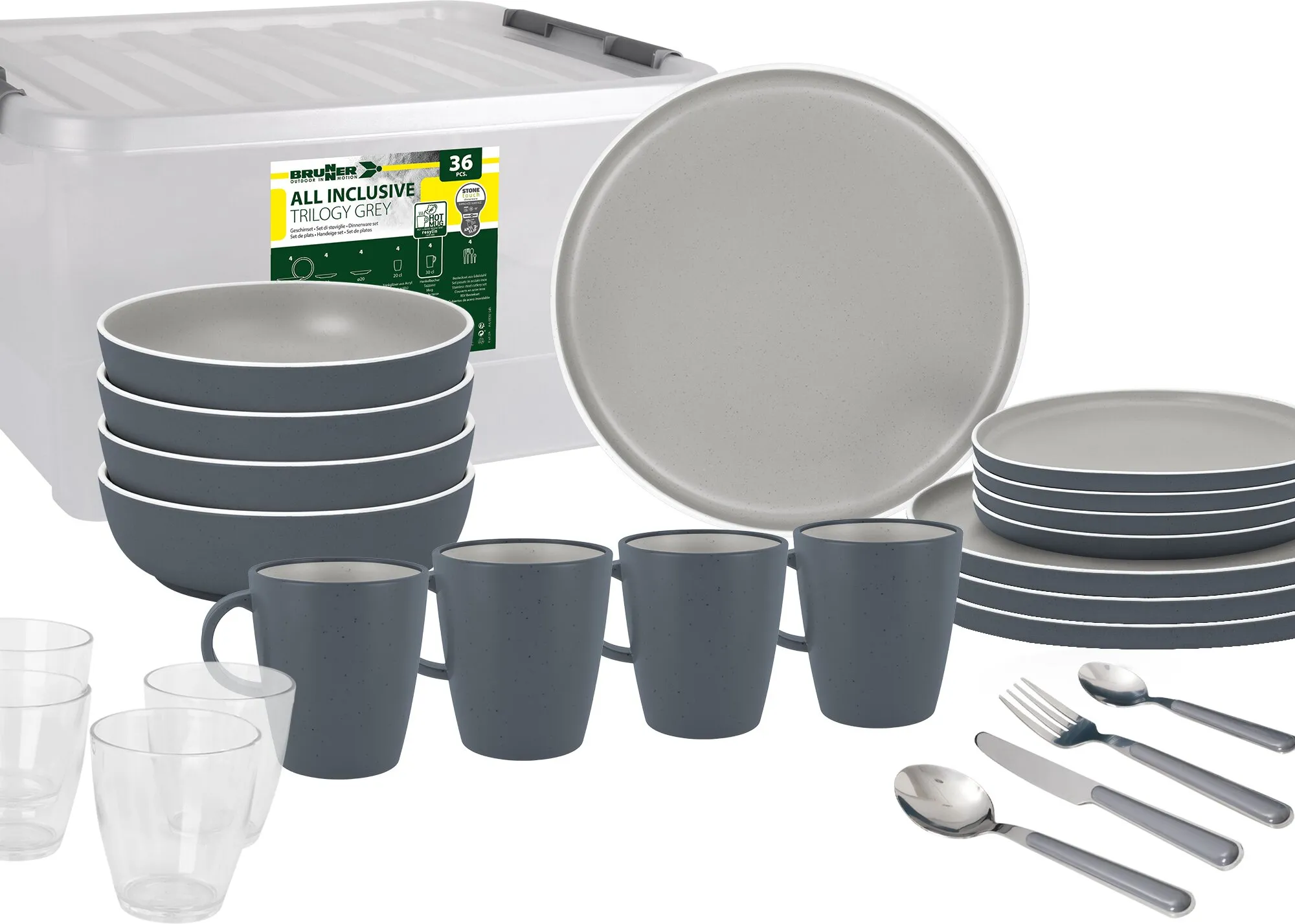 36-teiliges Geschirrset Trilogy Grey mit grauen Schalen, Tellern, Tassen, Gläsern und Besteck in Transportbox