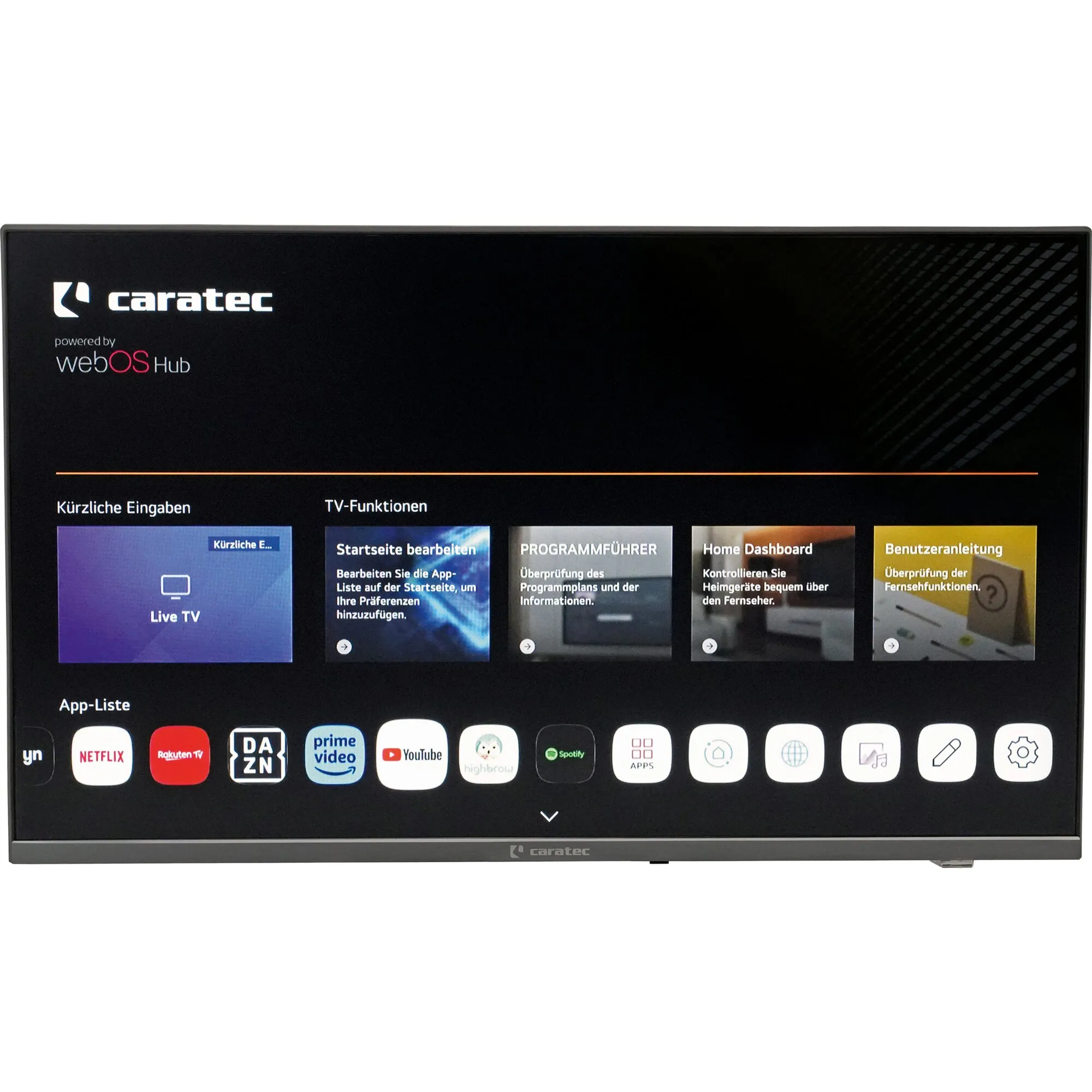 Schwarzer 27-Zoll-Caratec-Vision-Smart-TV mit geöffneter webOS-Hub-Startseite, App-Leiste und Streamingdiensten wie Netflix und YouTube