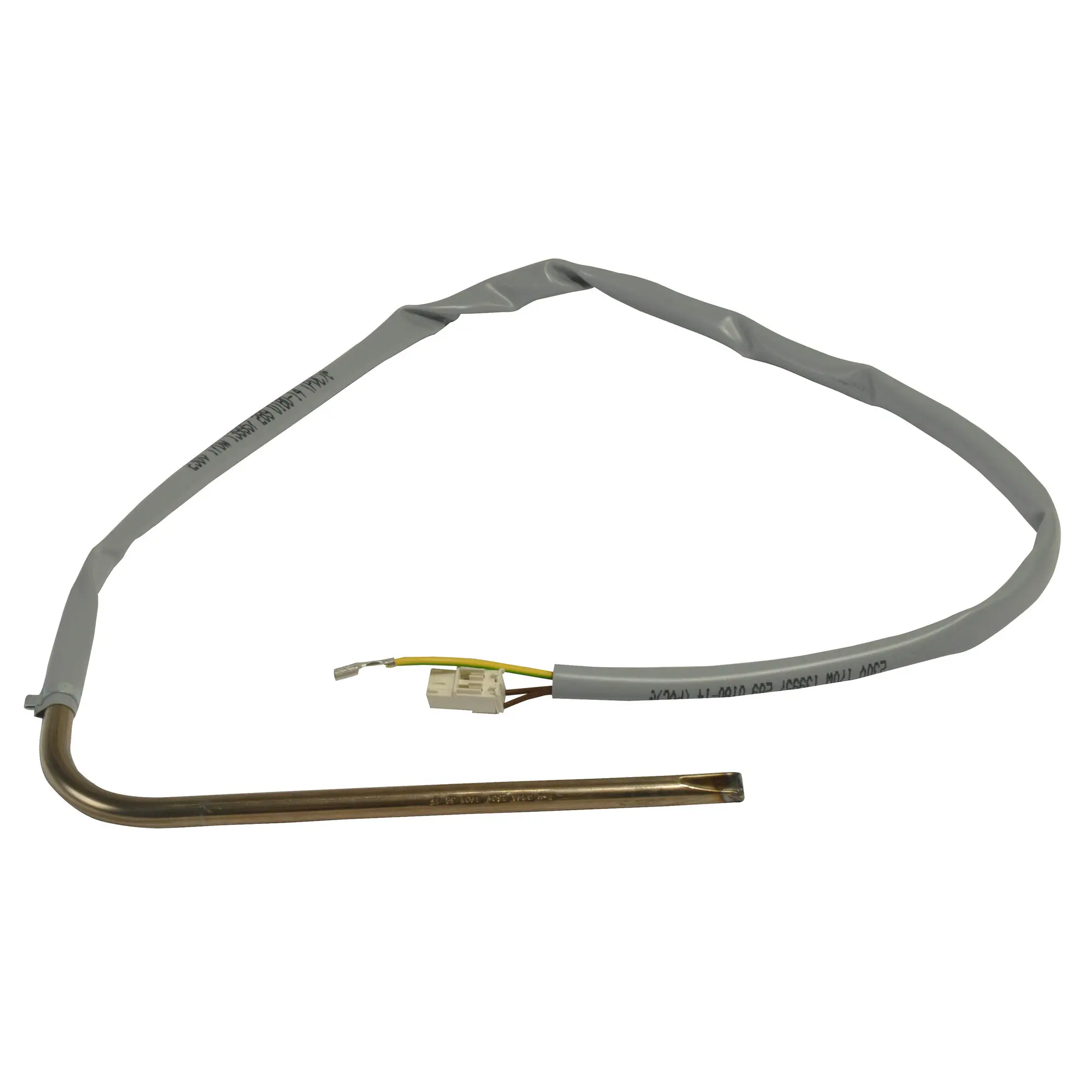 Gewinkelte Heizpatrone aus Metallrohr in U-Form mit grauer Ummantelung, weißem Steckverbinder am Kabel, sichtbar im Bild