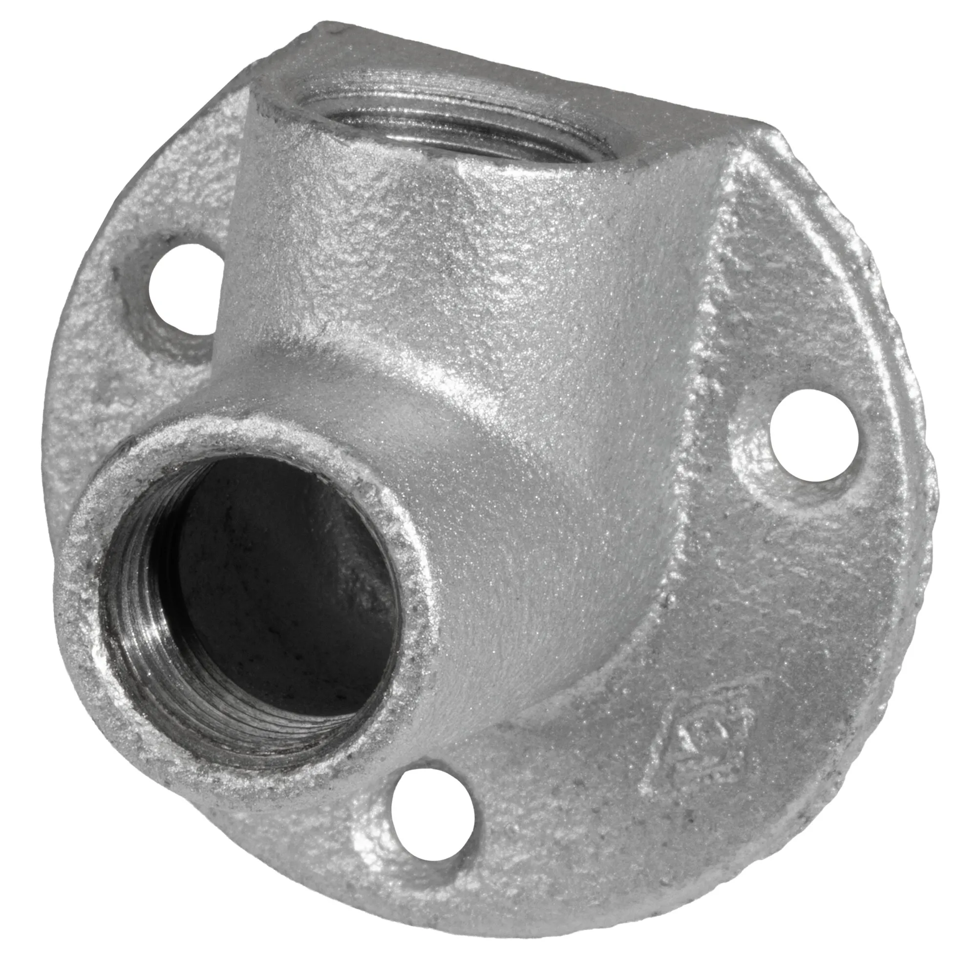 Detailansicht eines lackierten Deckenwinkels Rp 1/2 aus Metall, sichtbar Innengewinde und mehrere Bohrungen