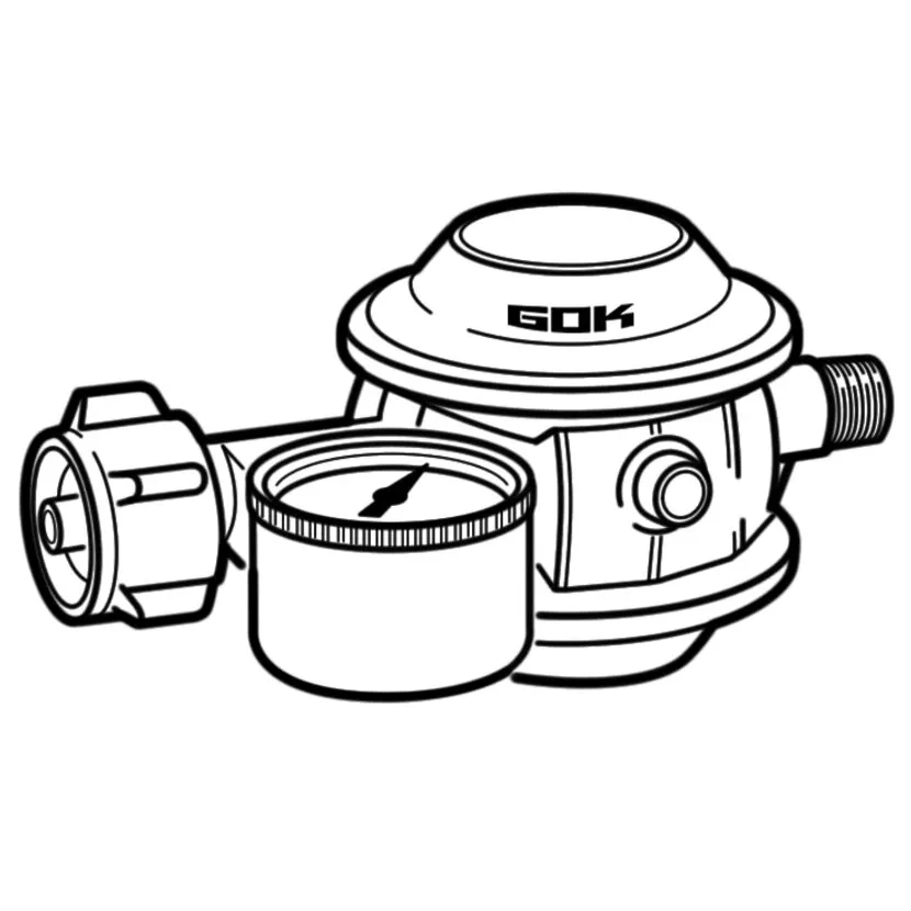 Niederdruckregler von GOK mit seitlich angebrachtem Manometer, Anschlussgewinde und Drehknopf in Schwarz-Weiß-Illustration