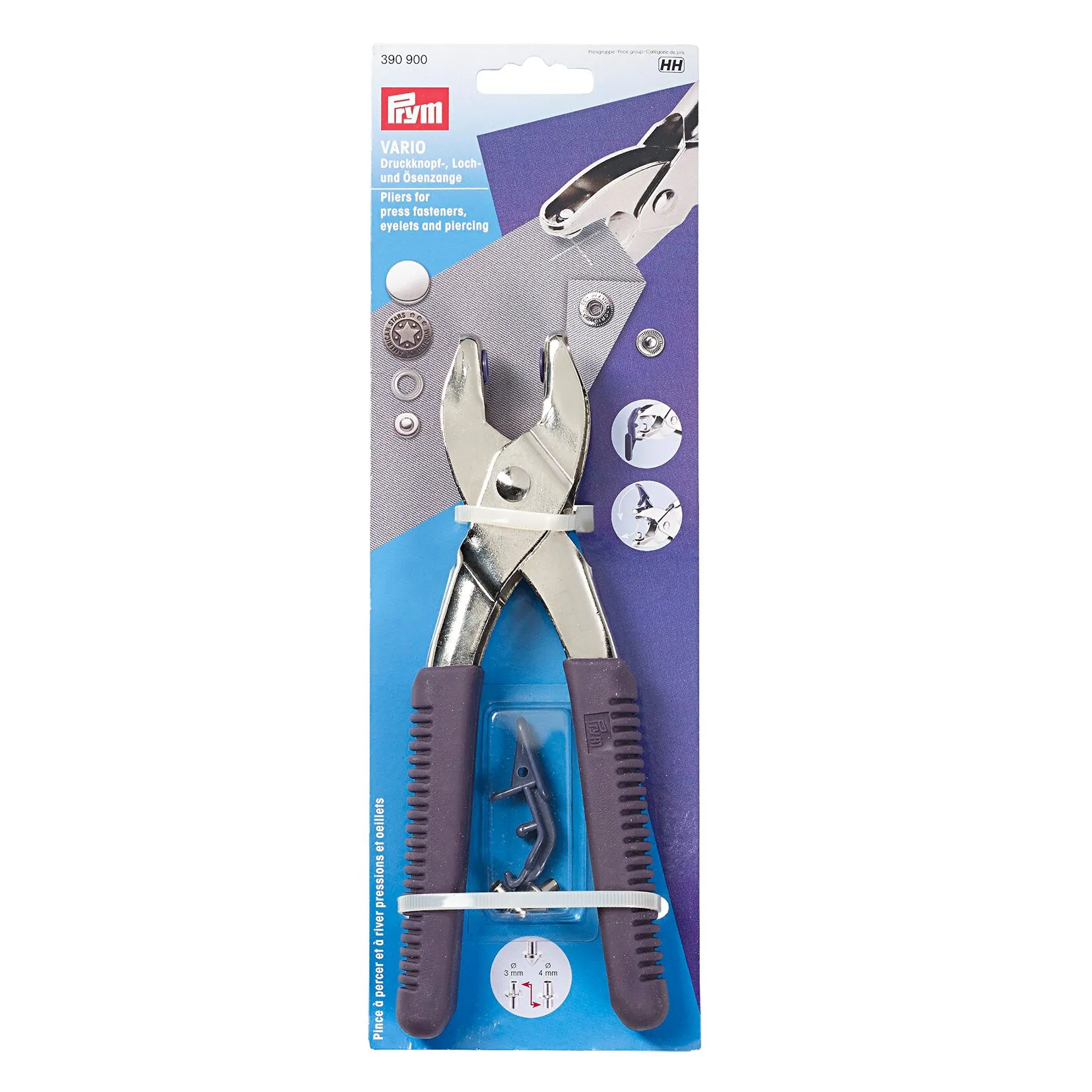 Prym Vario Zange aus Metall mit violetten Griffen und Zubehör zum Anbringen von Druckknöpfen, Ösen und Nieten in Verpackung