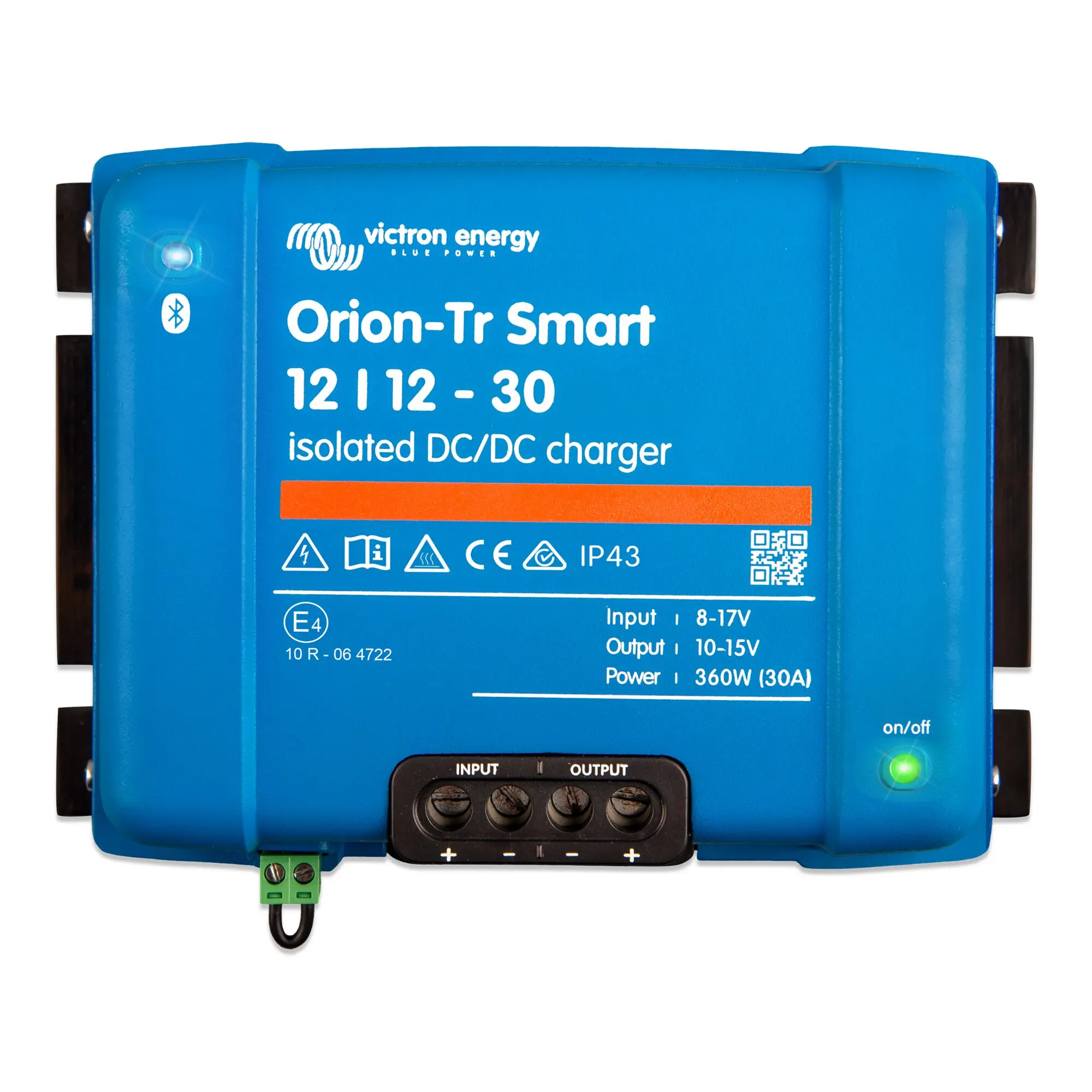 Blauer Victron Energy Orion-Tr Smart DC/DC-Ladebooster 12/12-30 mit Bluetooth-Symbol, Anschlüssen und grüner Betriebsanzeige