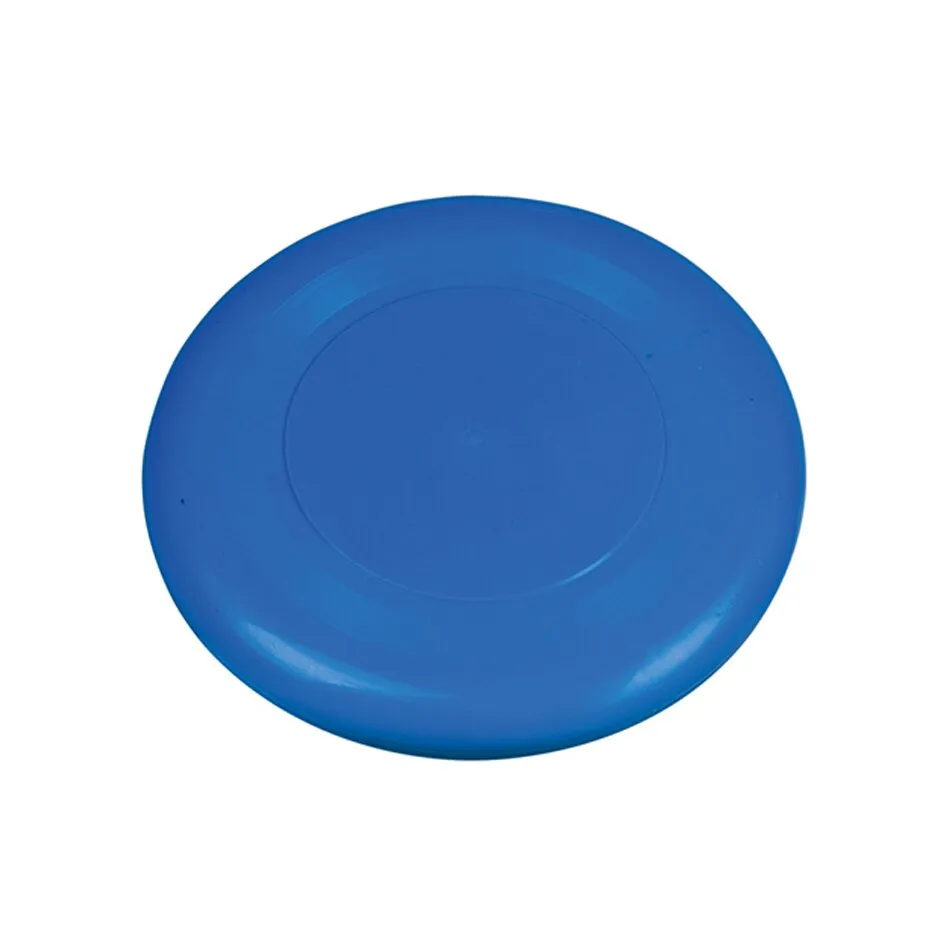 Blaue runde Frisbeescheibe aus Kunststoff mit leicht erhöhtem Rand und glatter, unbedruckter Oberfläche vor weißem Hintergrund