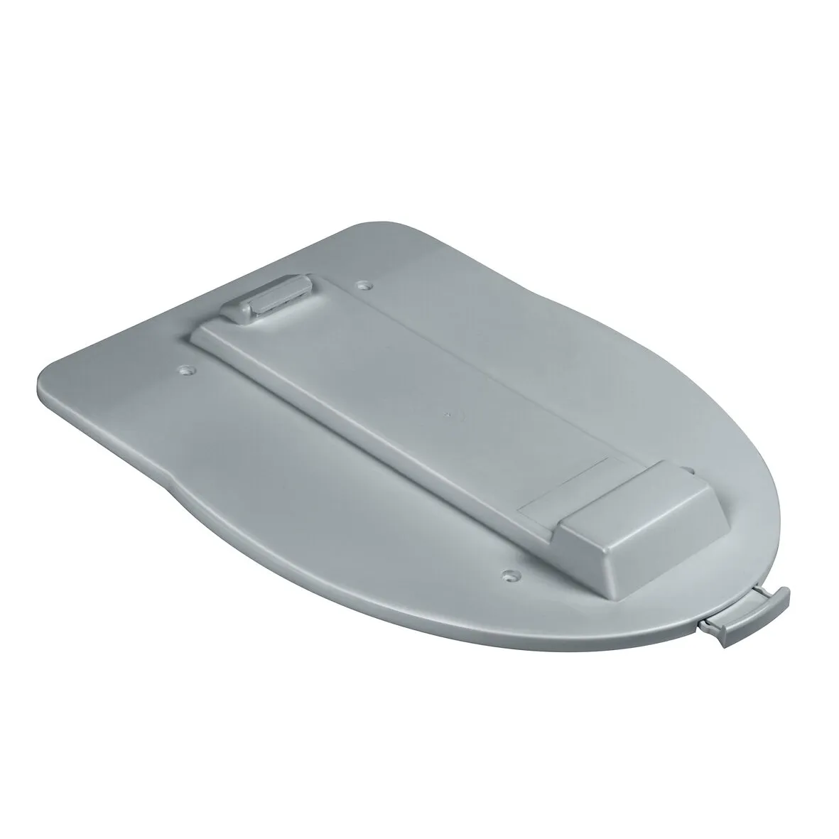 Graue ovale Bodenbefestigung für Porta Potti 565 mit zentraler Führungsschiene, Befestigungslöchern und Verriegelungsschieber
