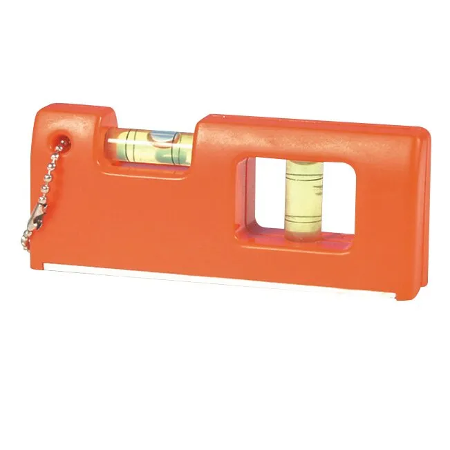 Orangefarbene magnetische Wasserwaage mit zwei Libellen, rechteckiger Aussparung und seitlich befestigter Metallkette