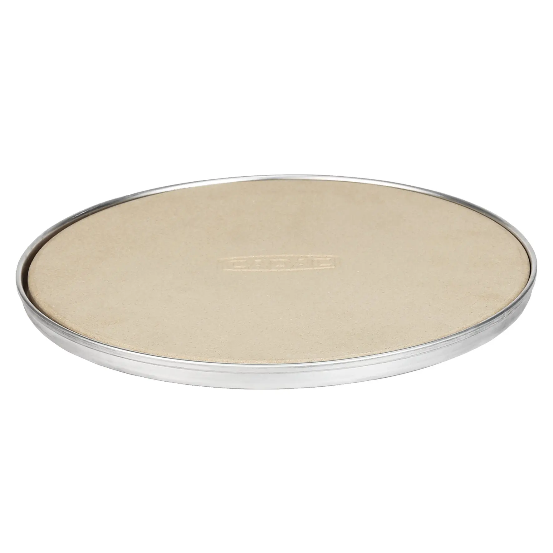 Runder Pizzastein mit silbernem Metallrand, beigem Steinbelag, flache Bauform und glatte Oberfläche