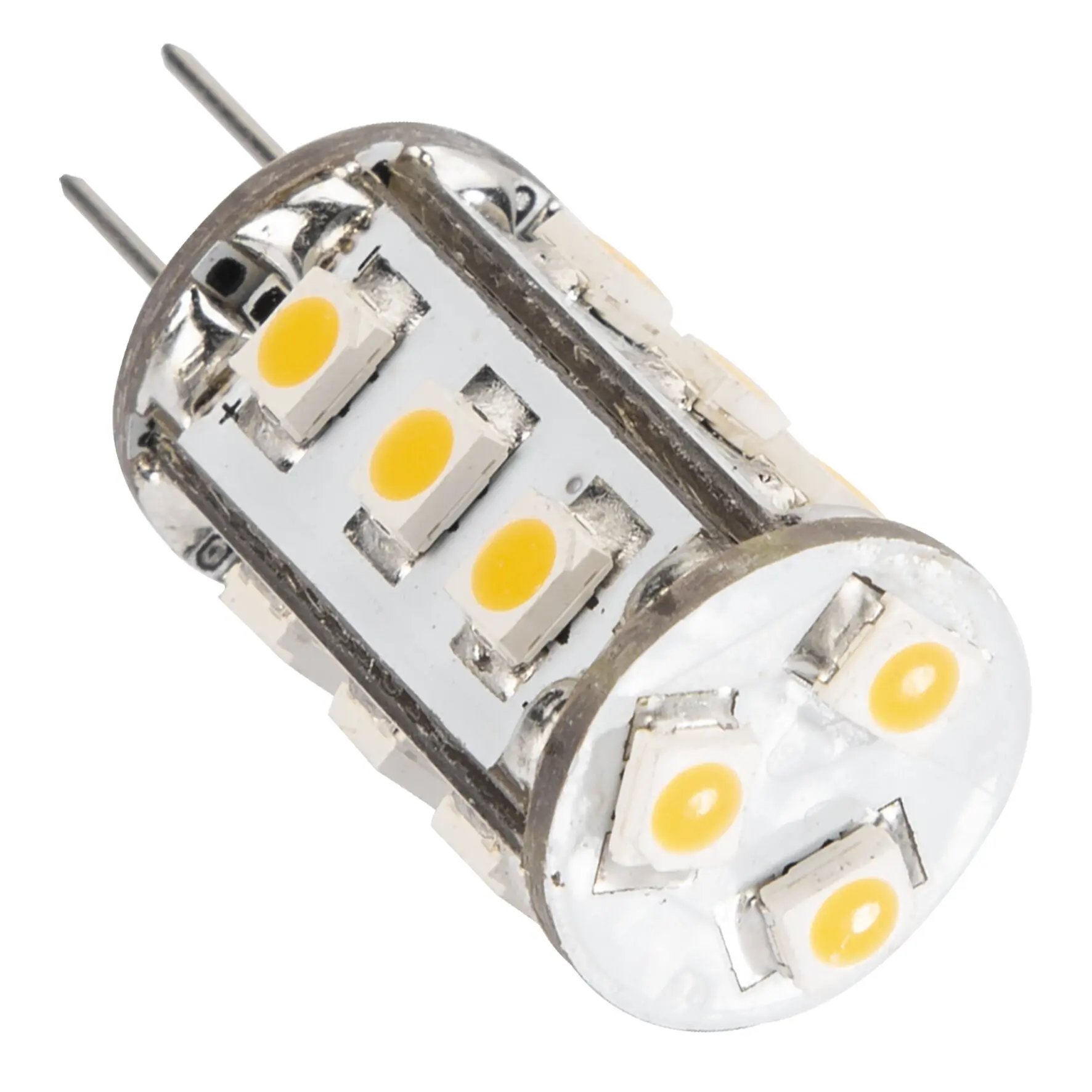 Rundes LED-Modul mit mehreren gelben SMD-LEDs auf einem silbernen Träger, zwei G4-Kontaktstifte sichtbar
