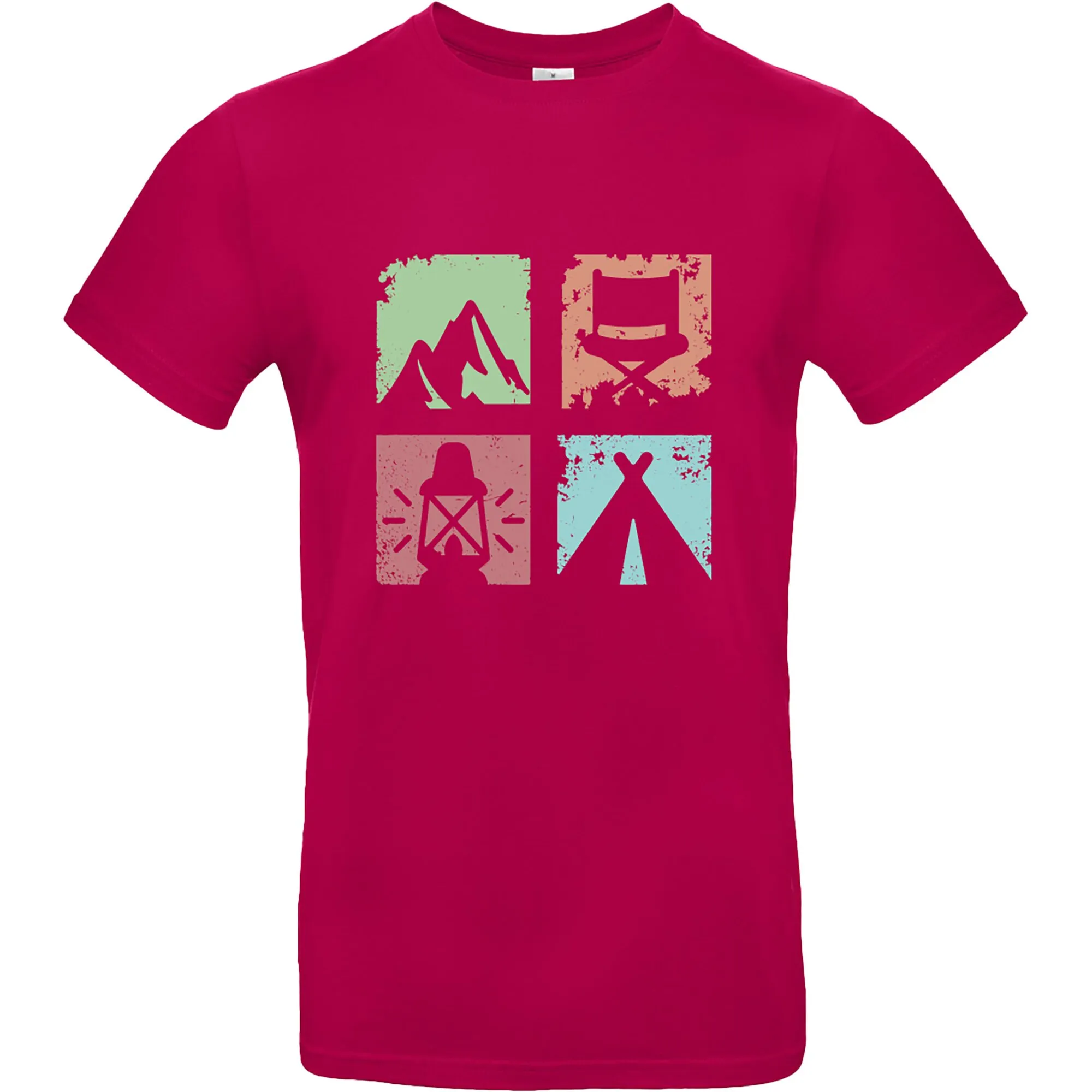 Fuchsiafarbenes T-Shirt Vanlife 1 in Größe 3XL mit Frontprint aus vier Campingmotiven: Berge, Klappstuhl, Laterne und Zelt