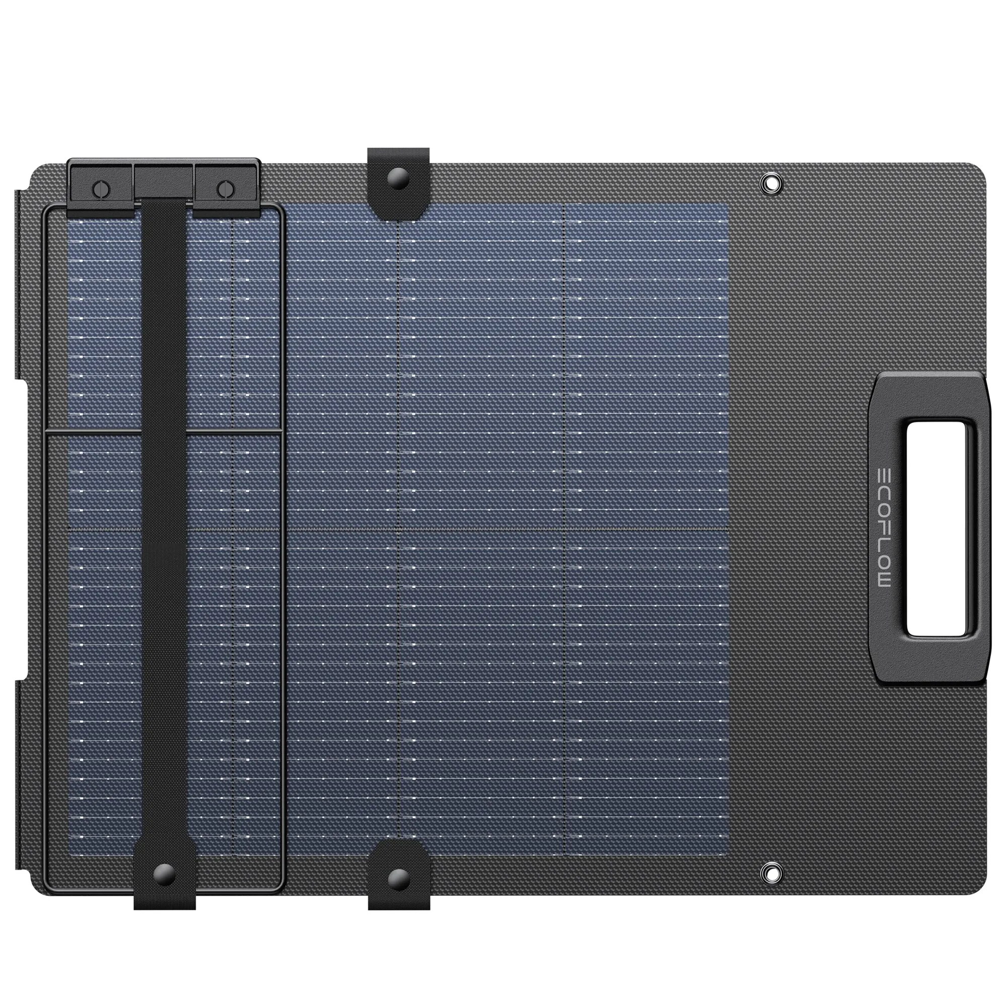 Faltbares schwarzes Solarmodul mit blauen Solarzellen, Klettverschlüssen, Ösen und Tragegriff, 110 Wp