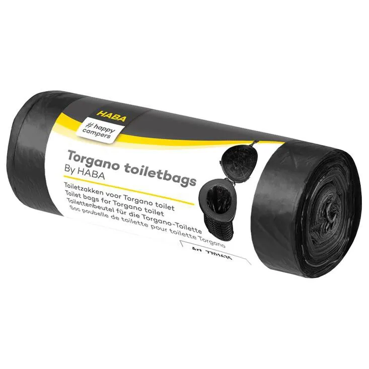 Schwarze Toilettenbeutel Torgano von HABA als aufgerollte Rolle mit bedruckter Verpackung und Toilettenabbildungen