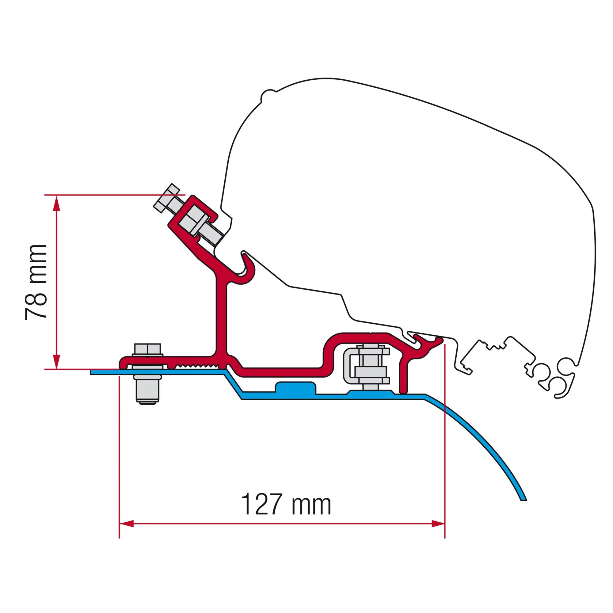 Technische Schnittzeichnung des roten Kits Fiat Ducato H3 mit Befestigungselementen und Maßangaben 78 mm und 127 mm