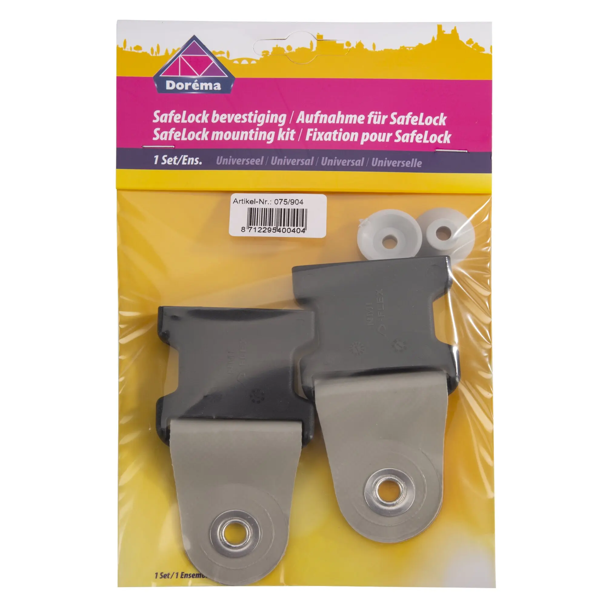 Verpackung des SafeLock Universal Montage-Kits mit grauen Kunststoffteilen und weißen Unterlegscheiben; Doréma-Logo und Barcode sichtbar