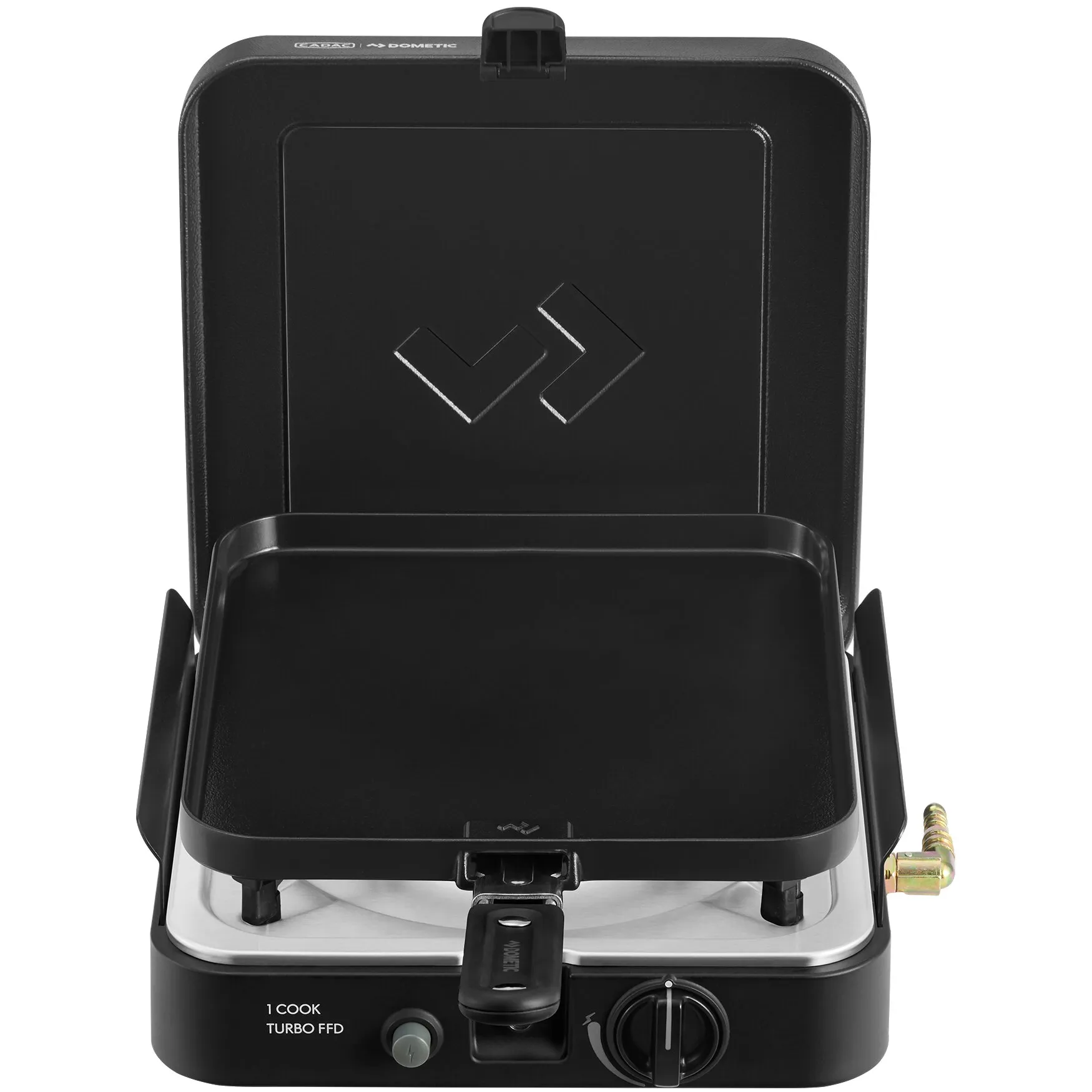 Schwarzer einflammiger Gaskocher Dometic 1 Cook Turbo FFD mit aufgeklapptem Deckel und flacher Grillplatte