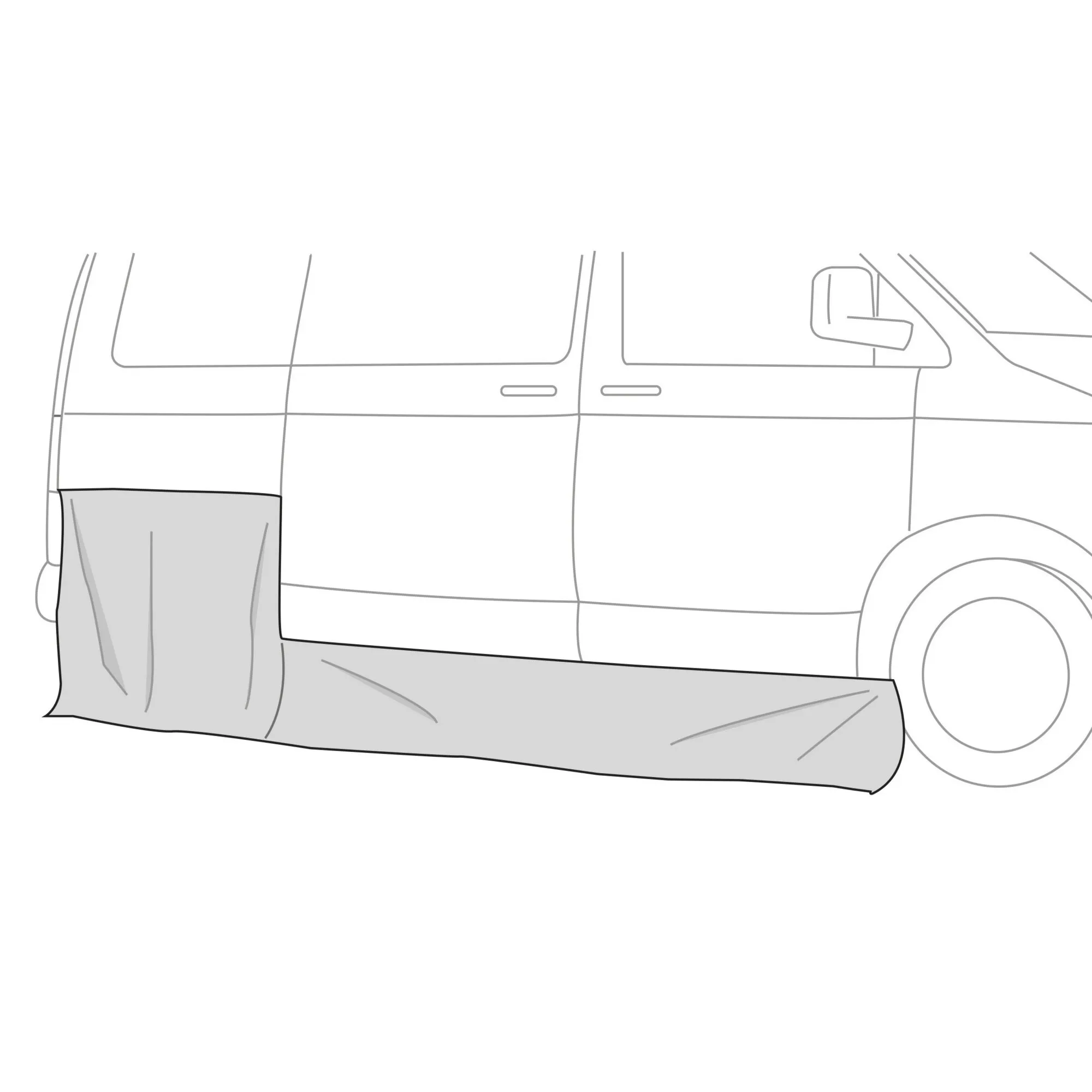 Seitenansicht eines VW T5/T6 mit montierter grauer Bodenschürze entlang des unteren Fahrzeugseitenschwellers