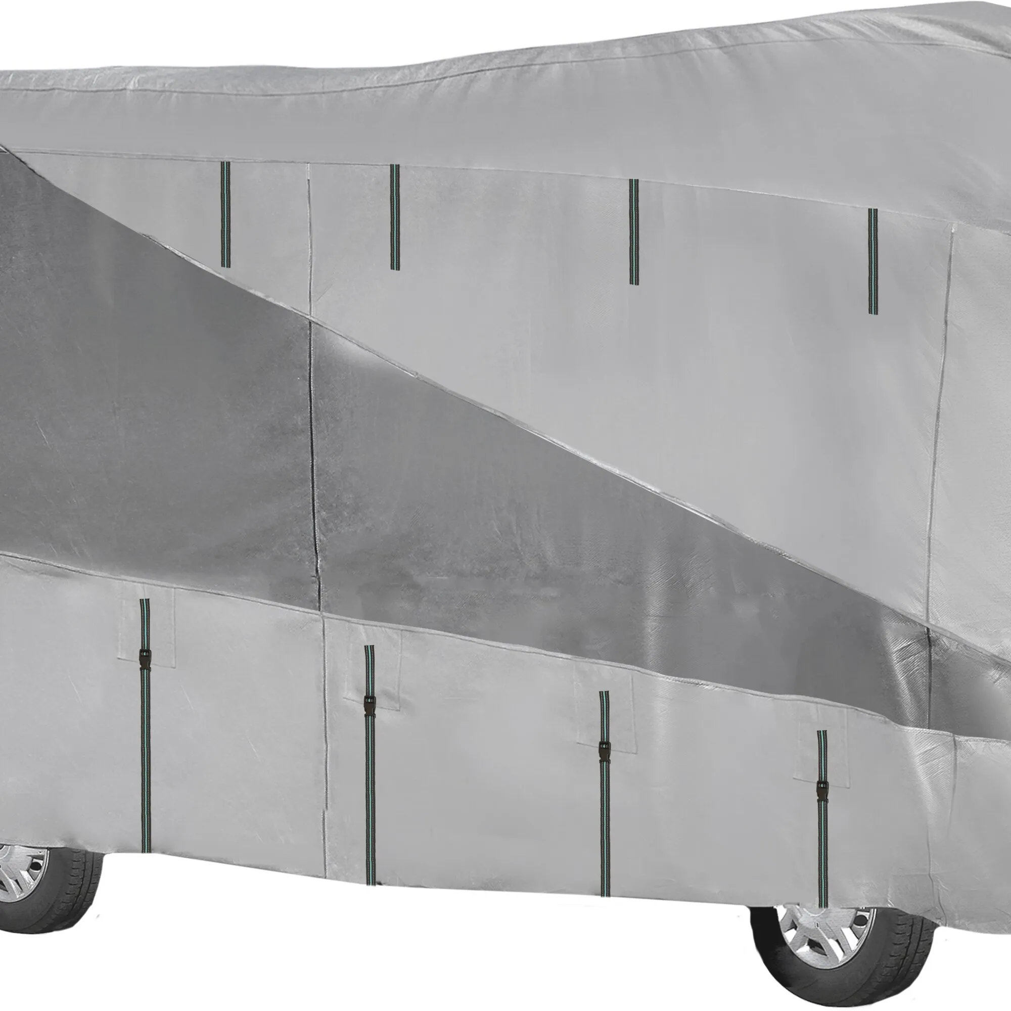 Graue Reisemobil-Schutzhülle aus Polycoat mit Reißverschlüssen und Befestigungsriemen, teilweise über einem Fahrzeug gespannt