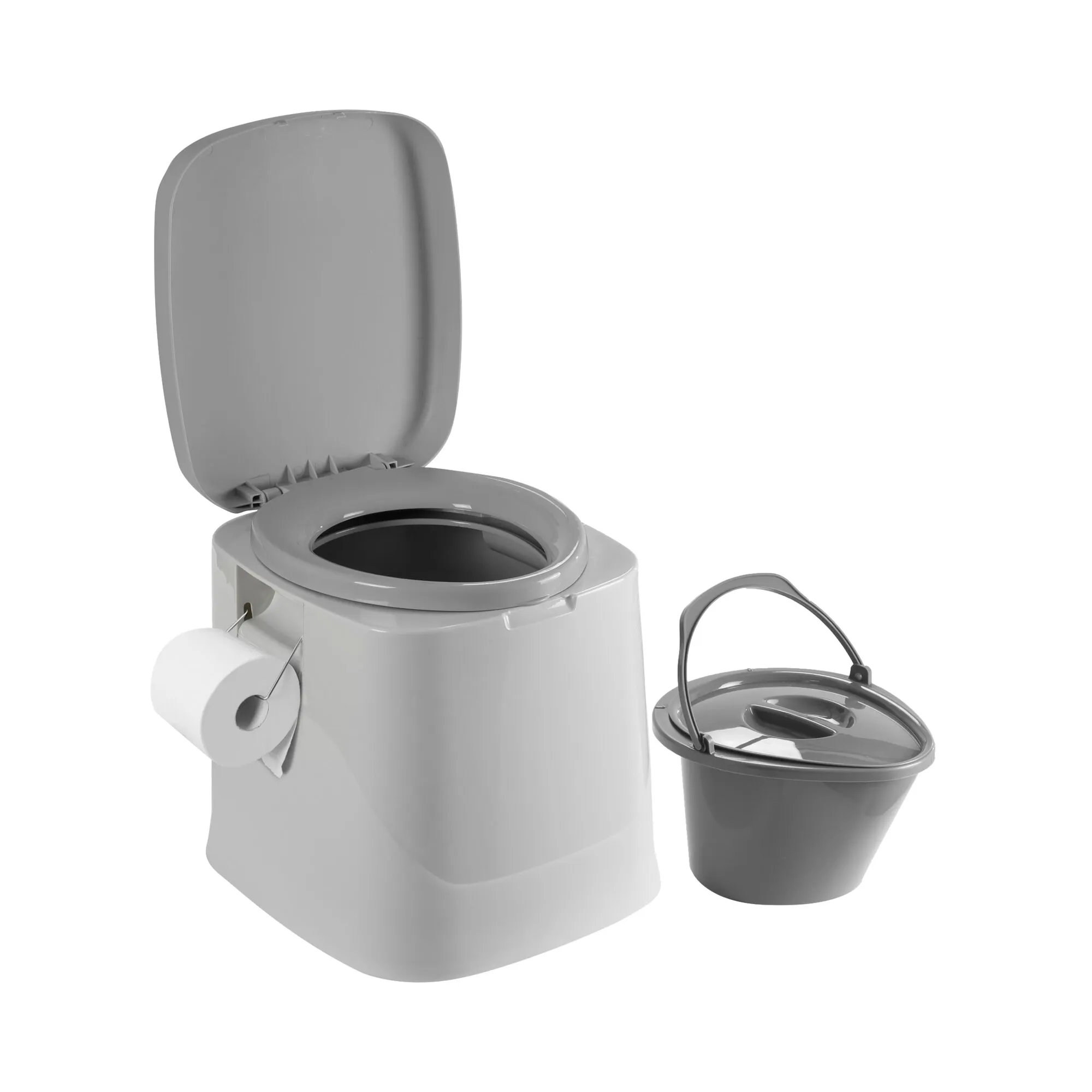 Weiße Eimertoilette Optiloo mit geöffnetem Deckel, Toilettenpapierhalter und herausnehmbarem Eimer mit Tragegriff