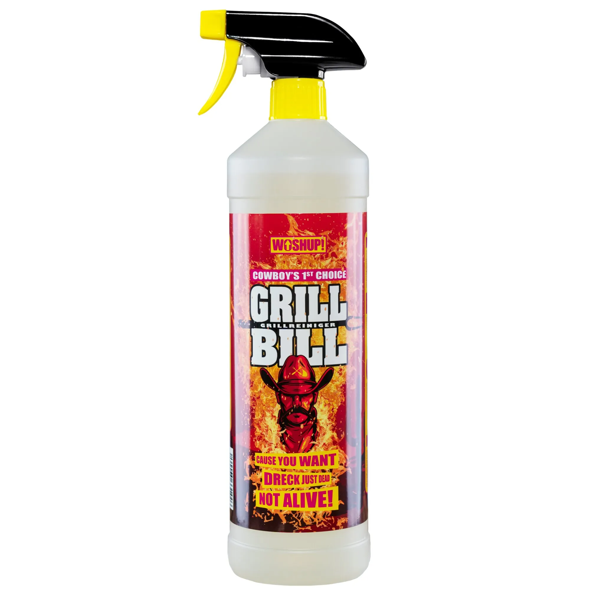Grill Bill Grillreiniger in weißer Sprühflasche mit schwarz-gelbem Sprühkopf und rotem Etikett, 1 Liter