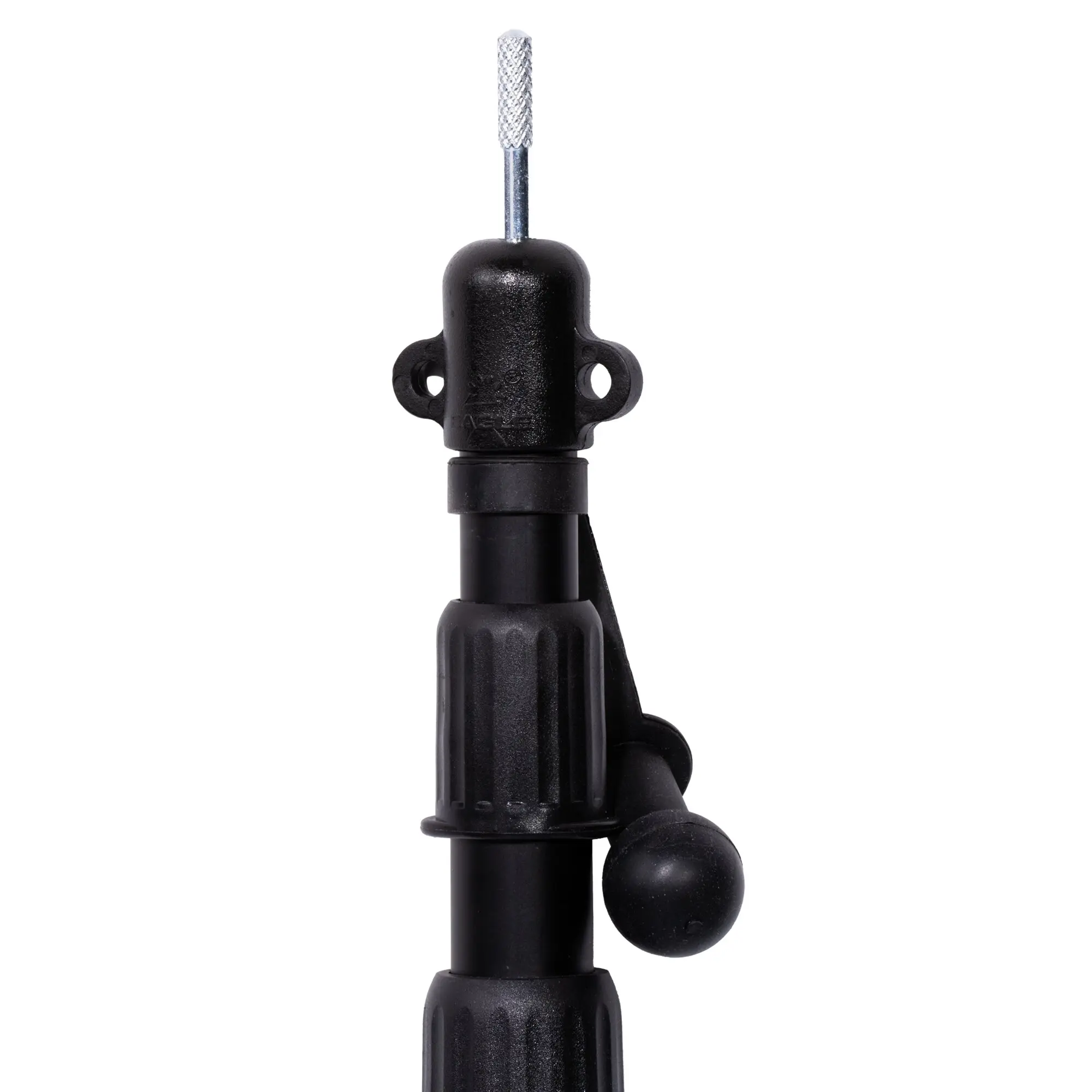 Schwarze Teleskopstange mit silberner, gerändelter Spitze; schwarzes Gehäuse, seitlich sichtbare Lochöffnung und Kugelgelenk-Verbindung