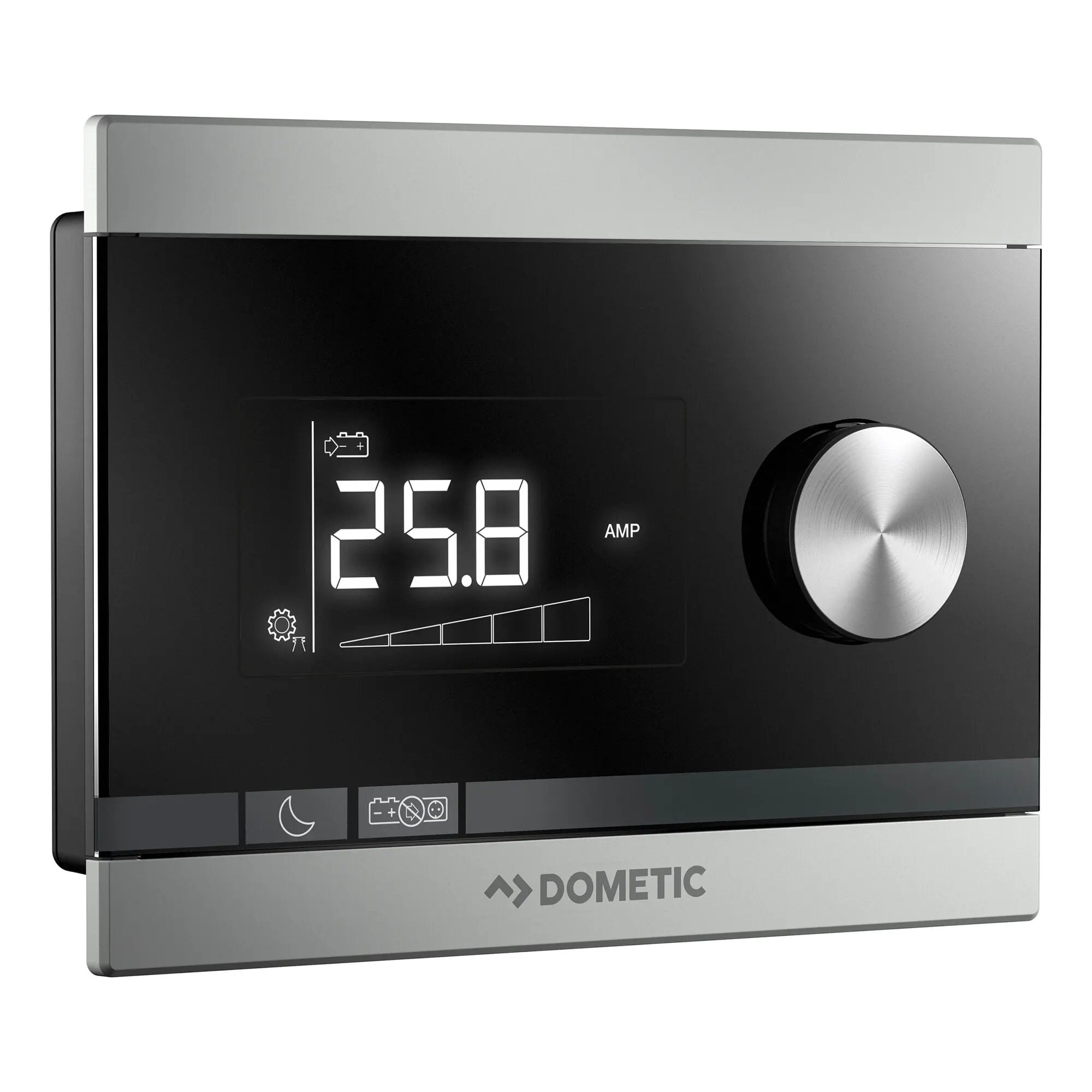 Wechselrichter SinePower DSP-C mit schwarzer Front, Digitalanzeige zeigt 25,8 Ampere, großer silberner Drehknopf rechts, DOMETIC-Logo unten